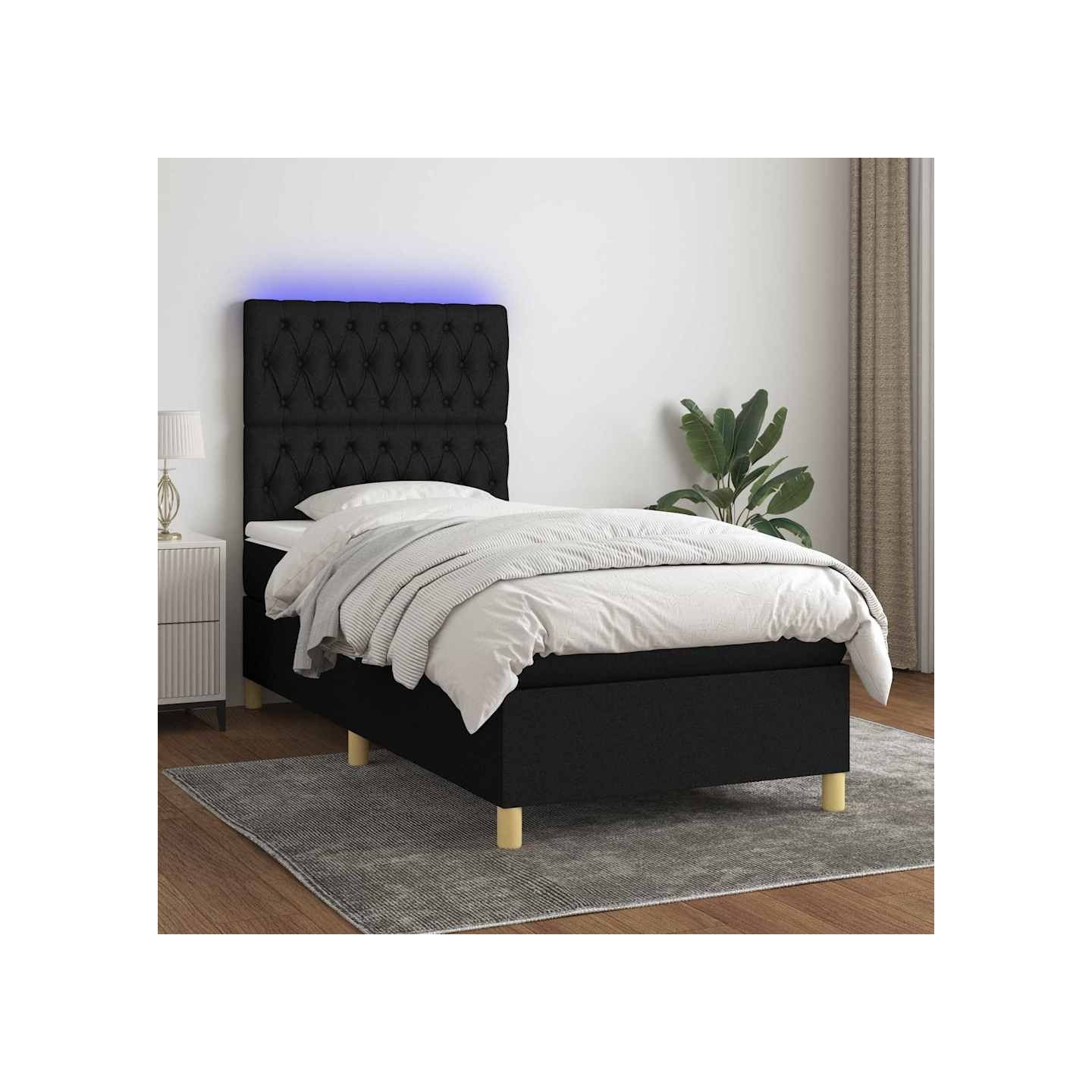 Sommier à lattes de lit et matelas et LED Noir 100x200 cm Tissu