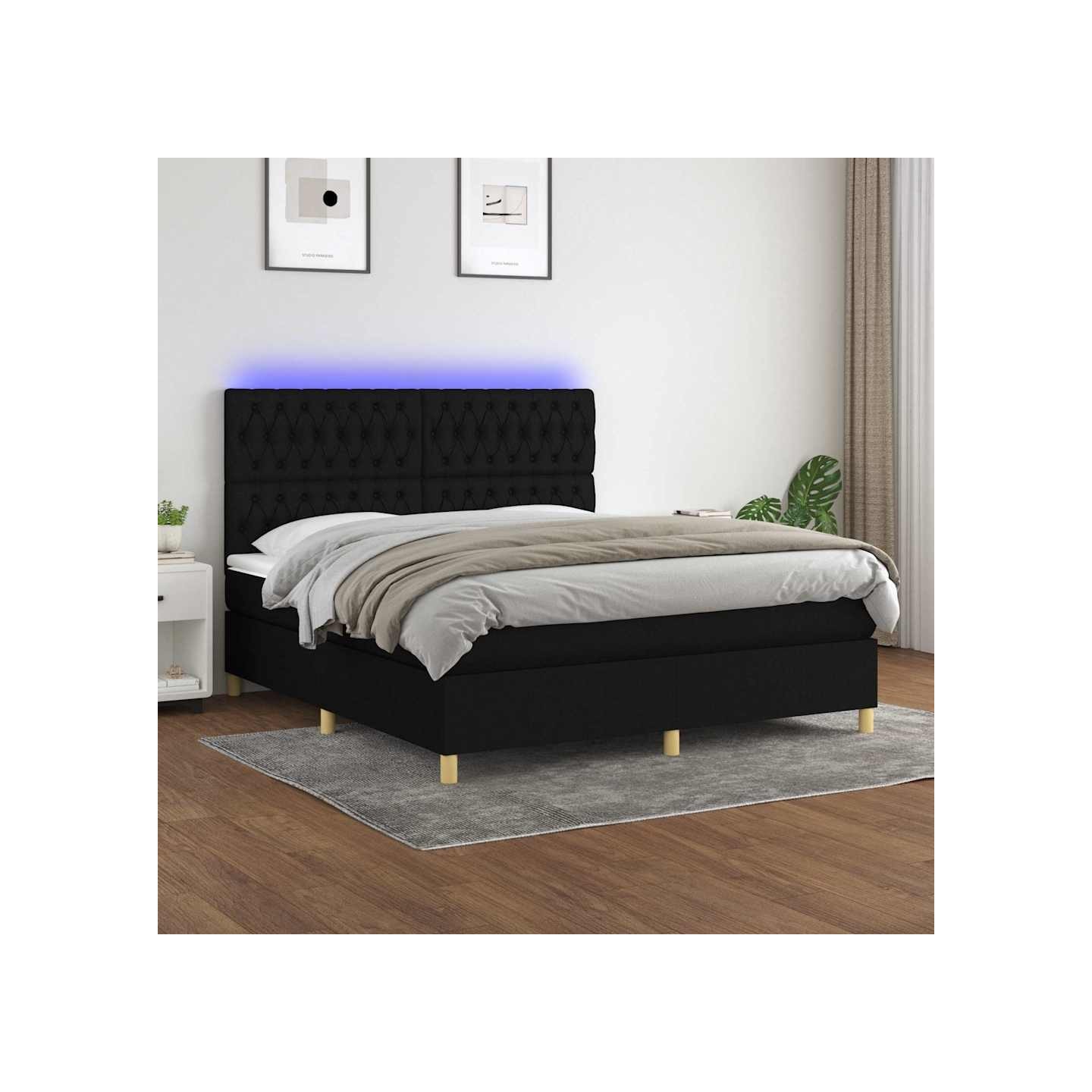 Sommier à lattes de lit et matelas et LED Noir 180x200 cm Tissu
