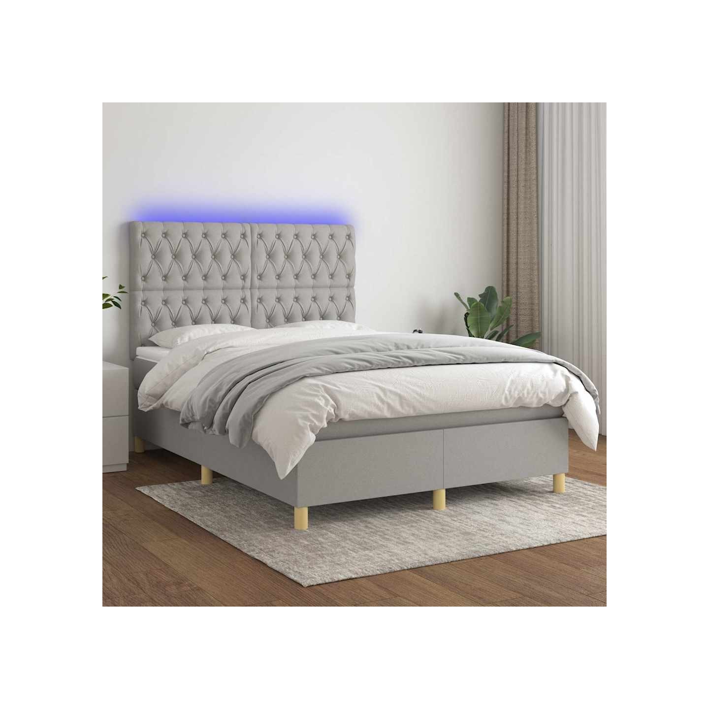 Sommier à lattes de lit et matelas et LED Gris clair 140x200 cm