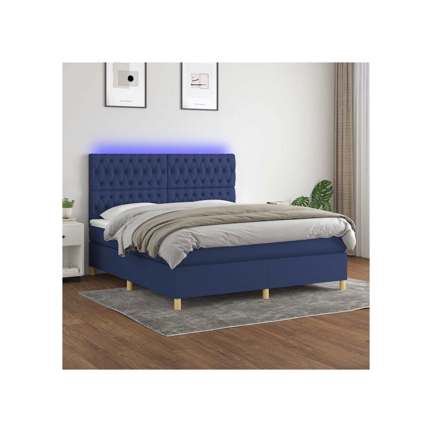Sommier à lattes de lit et matelas et LED Bleu 160x200 cm Tissu