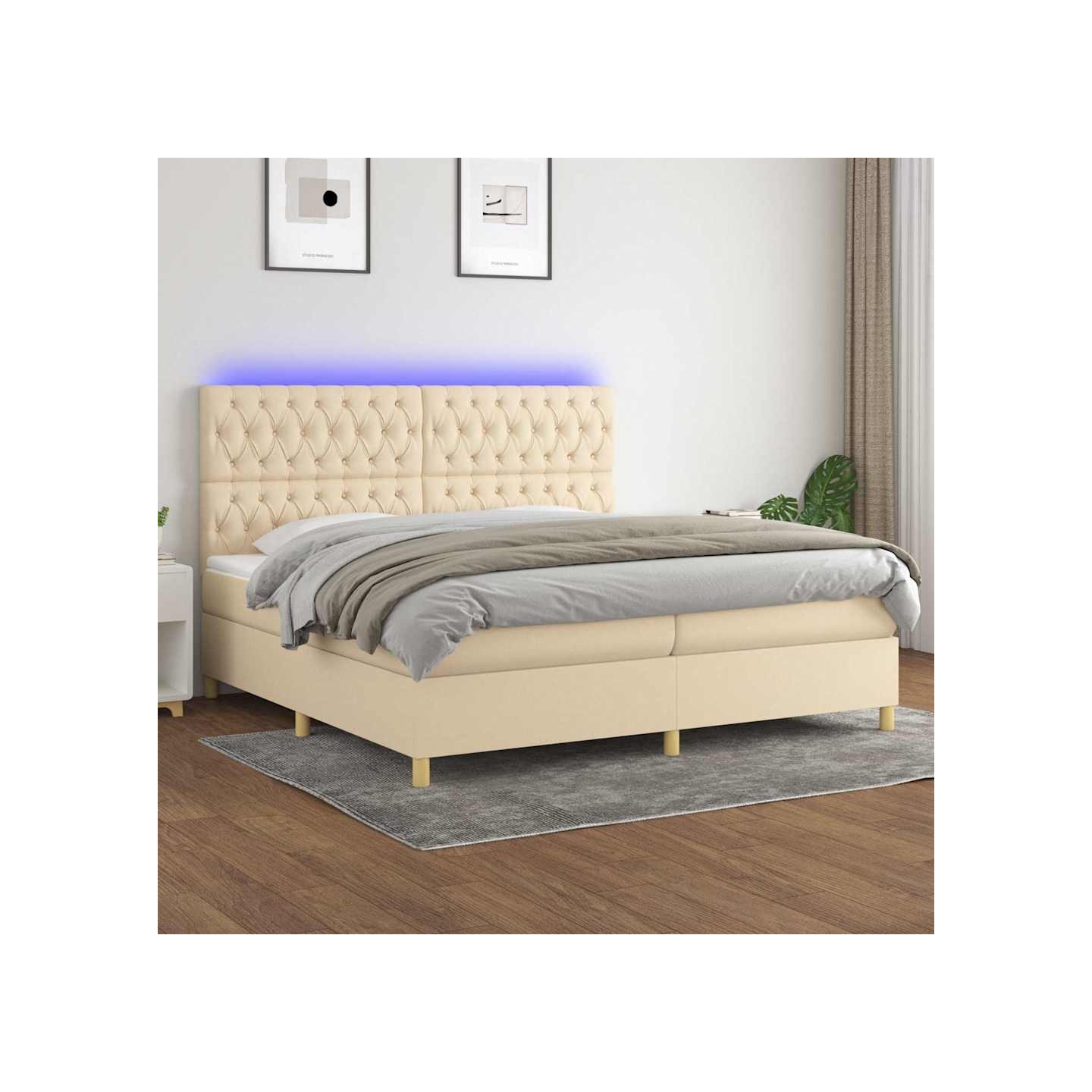 Sommier à lattes de lit et matelas et LED Crème 200x200cm Tissu
