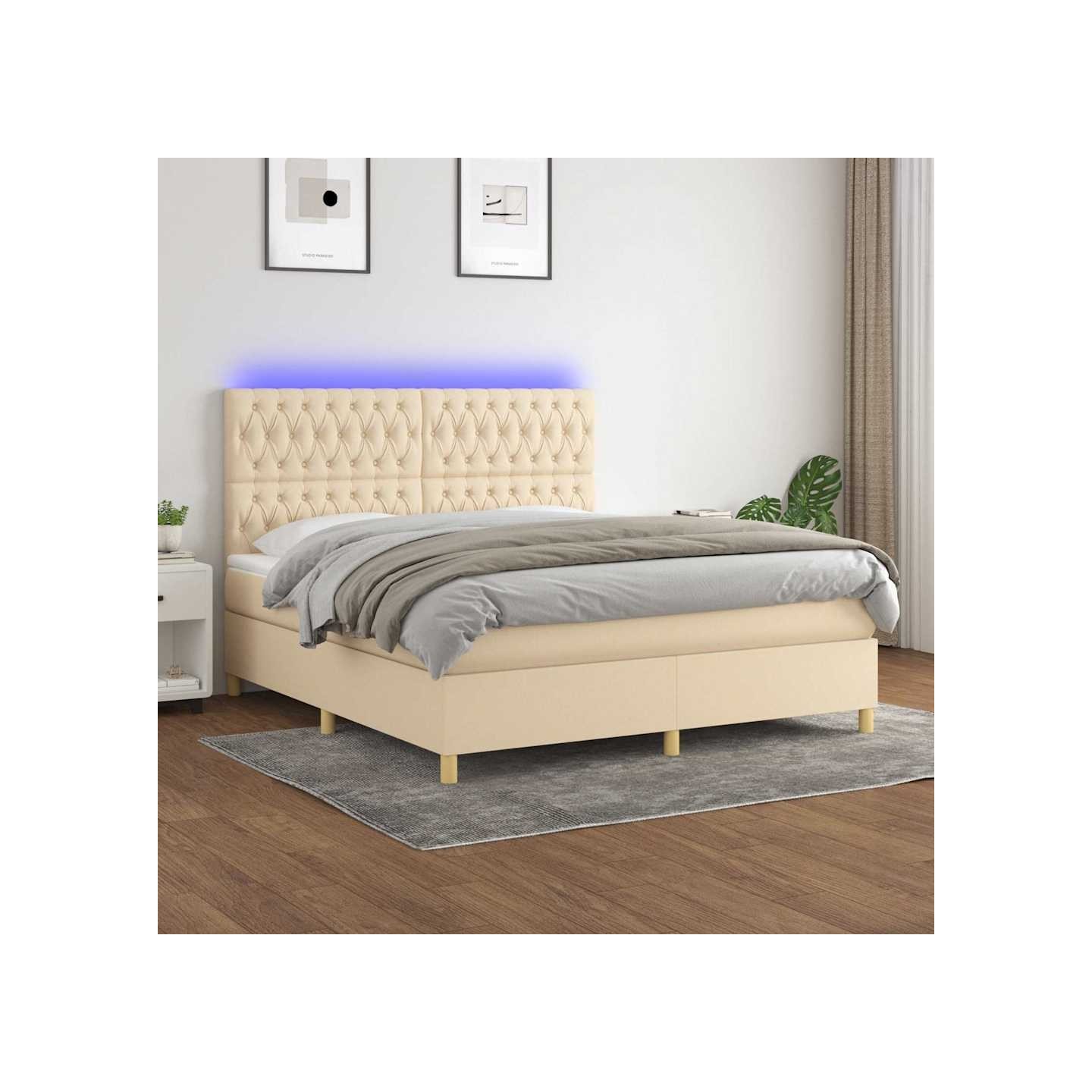 Sommier à lattes de lit et matelas et LED Crème 180x200cm Tissu