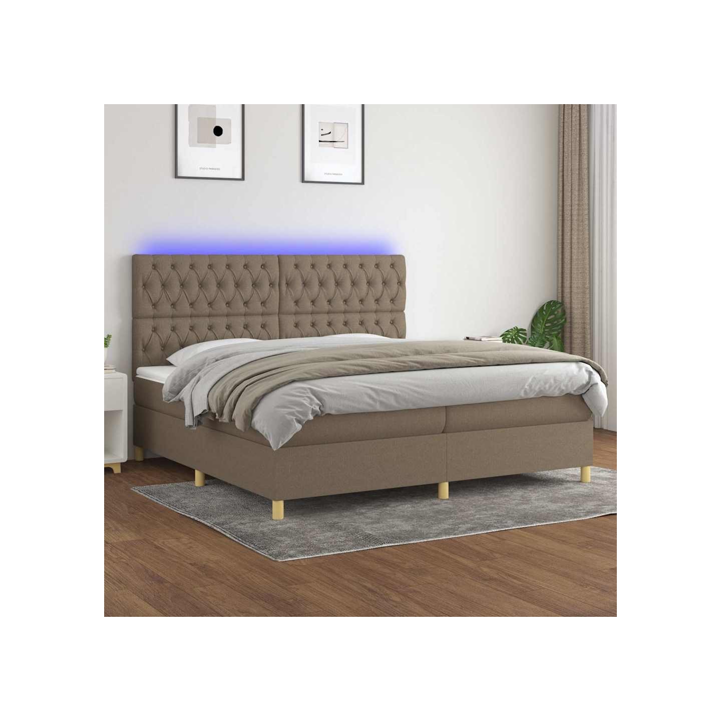 Sommier à lattes de lit et matelas et LED Taupe 200x200cm Tissu