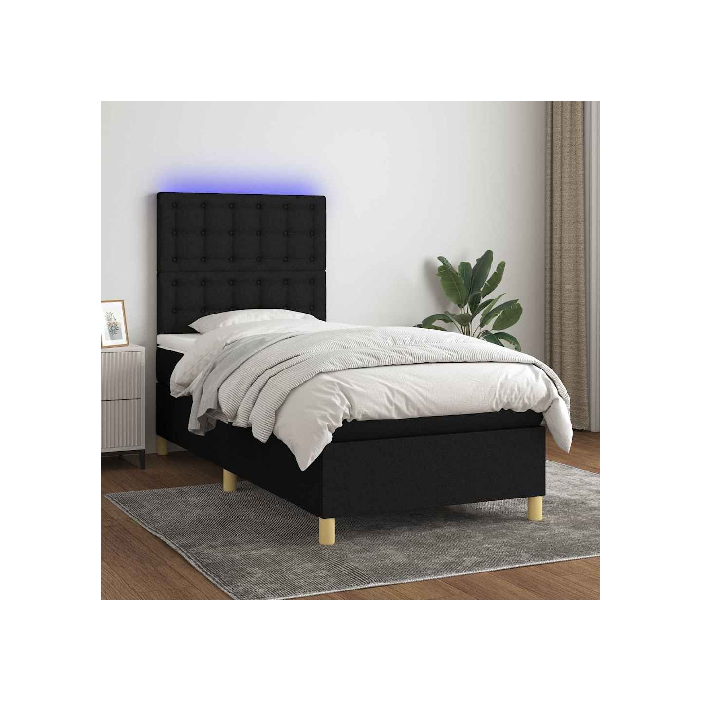 Sommier à lattes de lit et matelas et LED Noir 100x200 cm Tissu