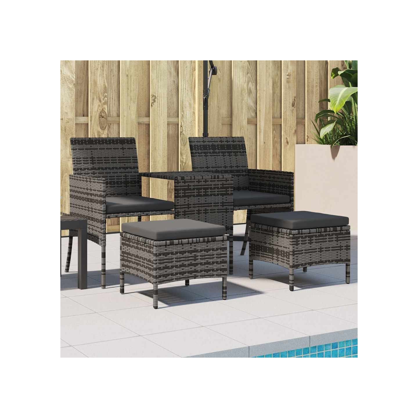 Canapé de jardin table à thé et tabourets Résine tressée Gris