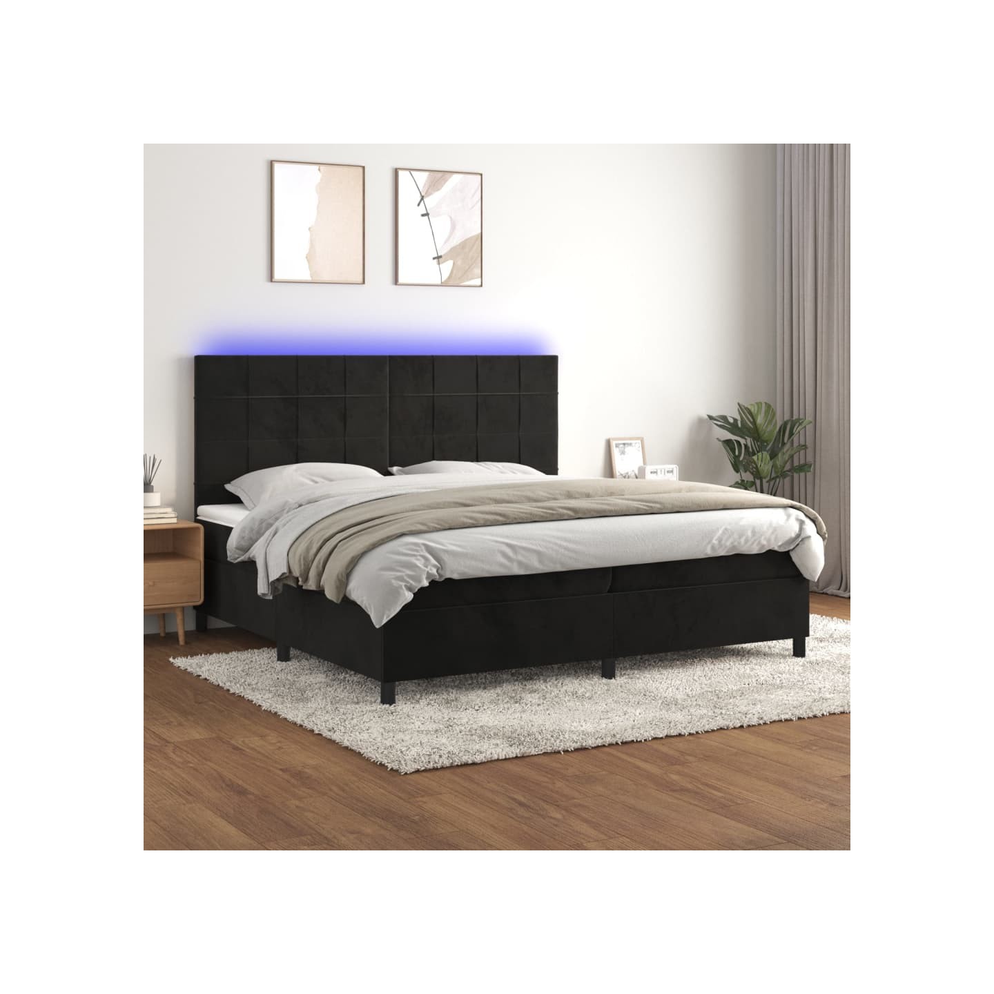 Sommier à lattes de lit matelas et LED Noir 200x200 cm Velours