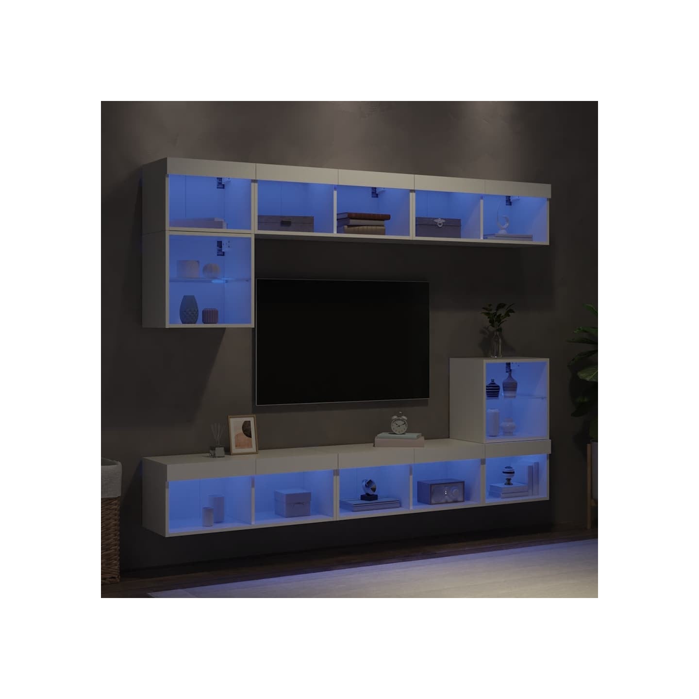 Unités murales TV avec LED 8 pcs blanc bois d'ingénierie