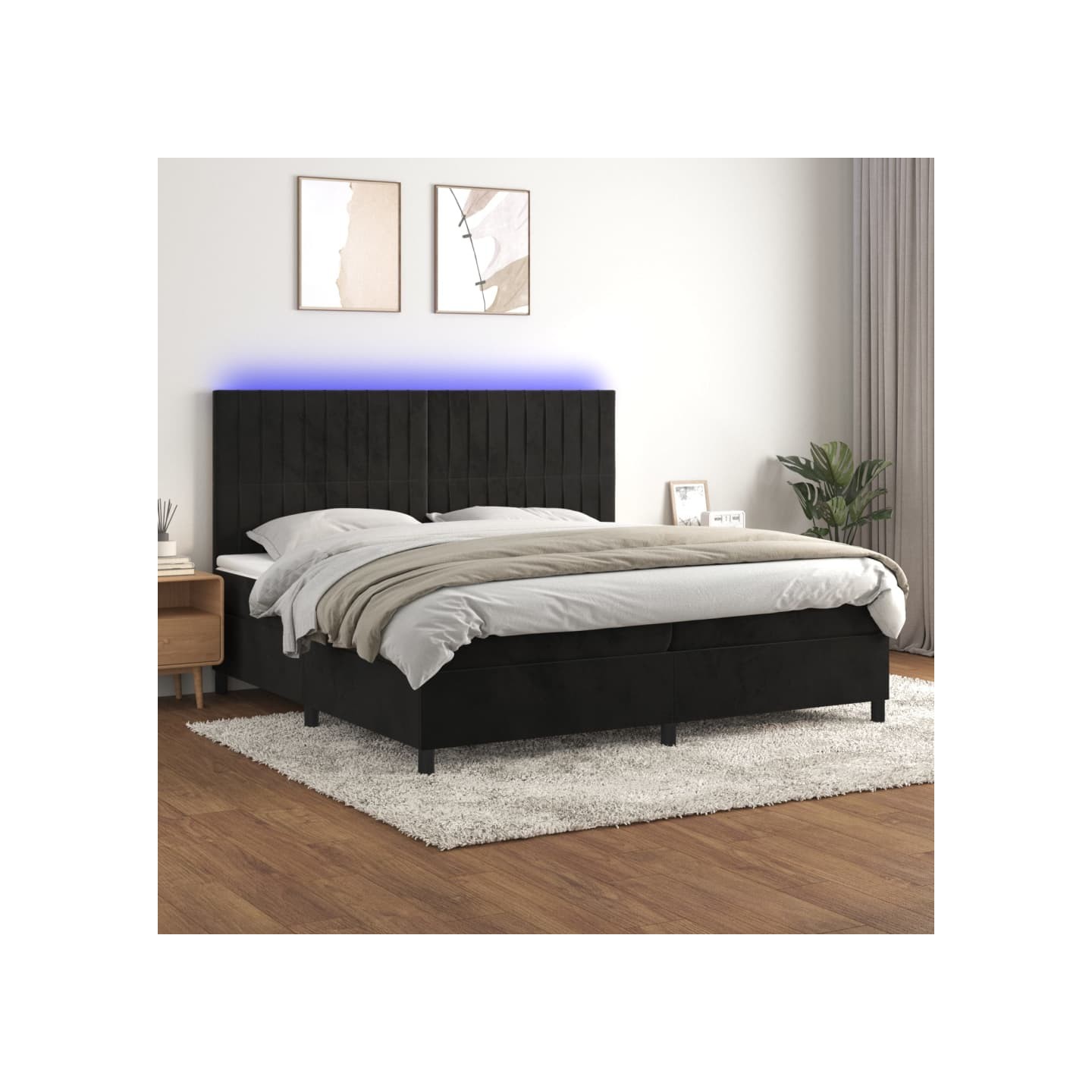 Sommier à lattes de lit matelas et LED Noir 200x200 cm Velours