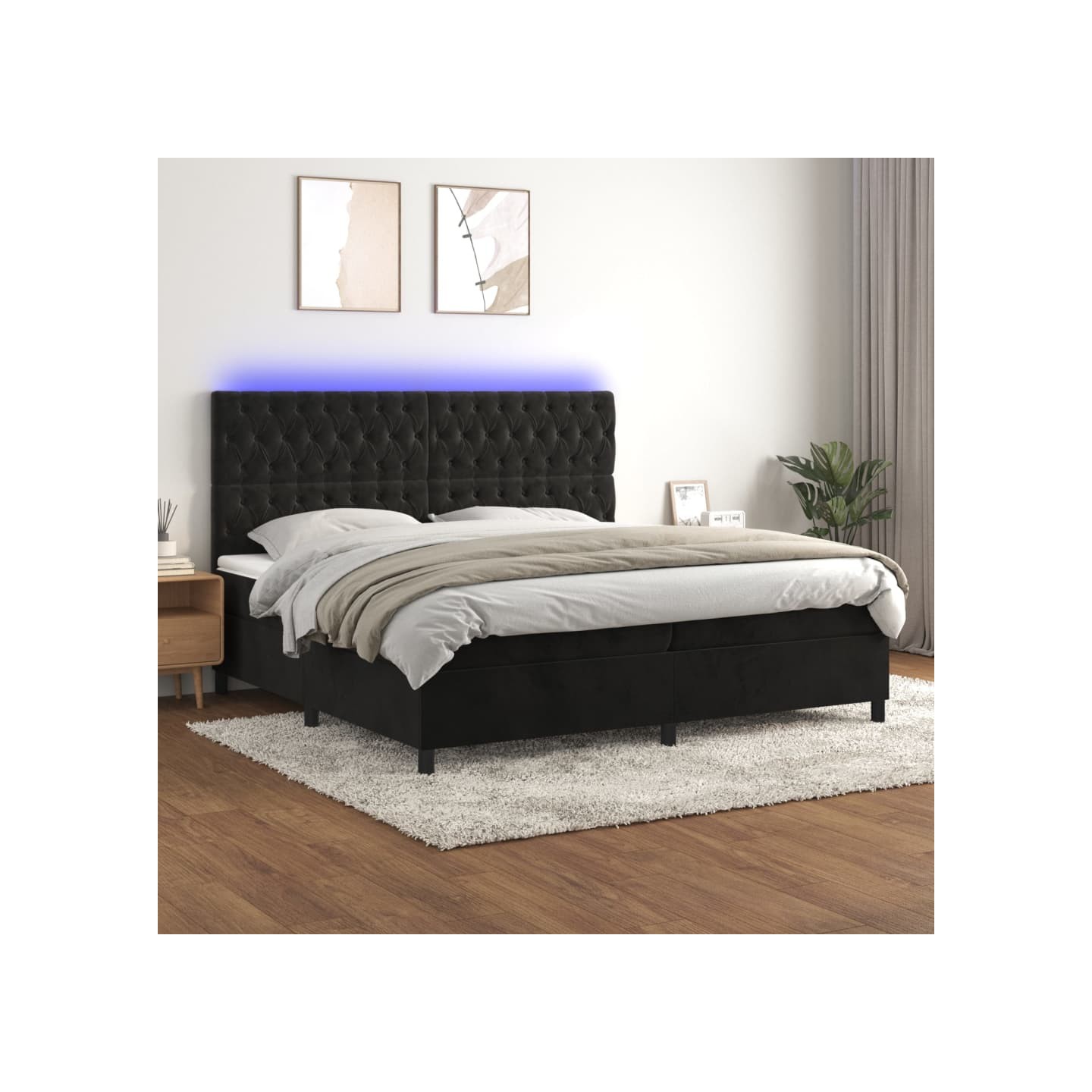 Sommier à lattes de lit matelas et LED Noir 200x200 cm Velours