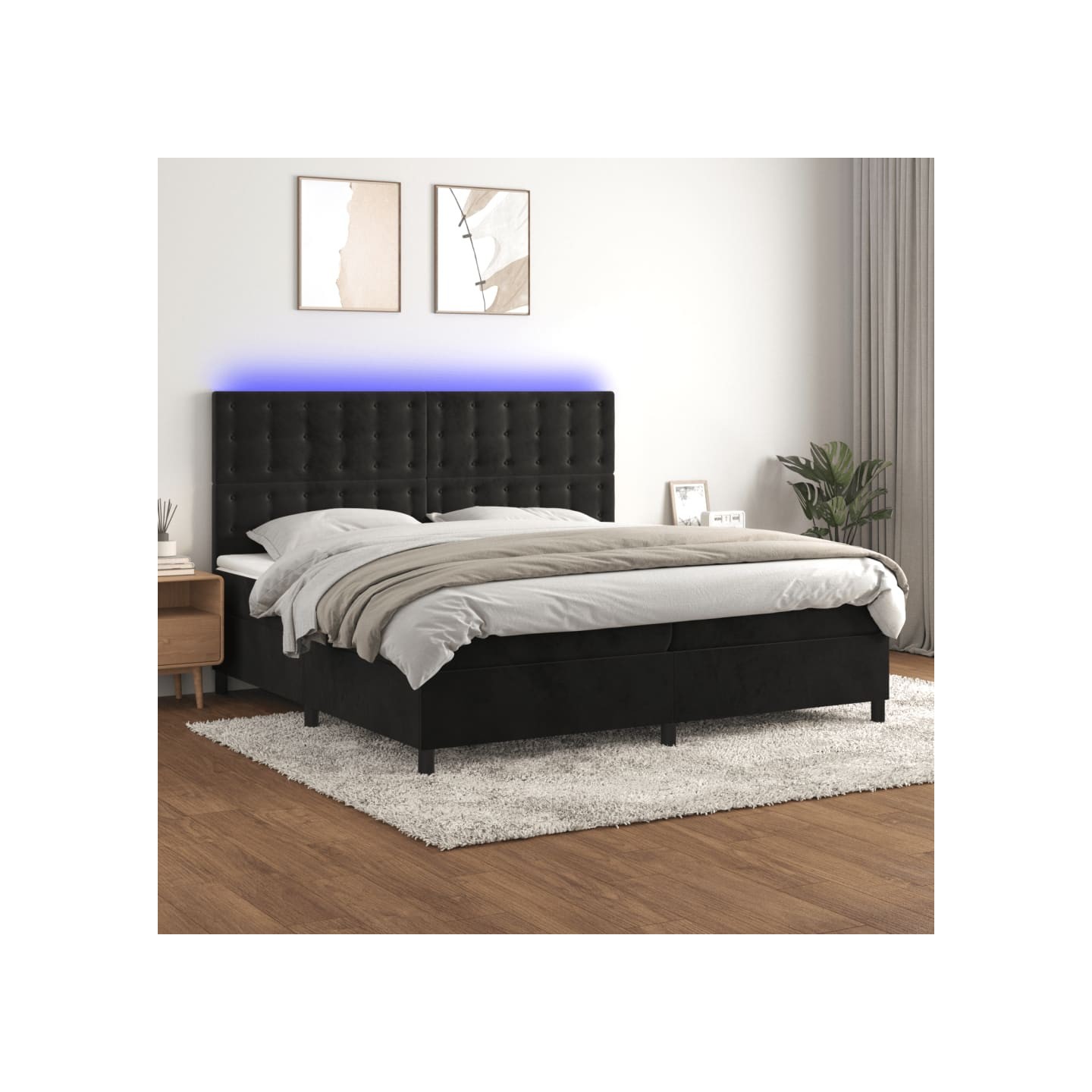 Sommier à lattes de lit matelas et LED Noir 200x200 cm Velours
