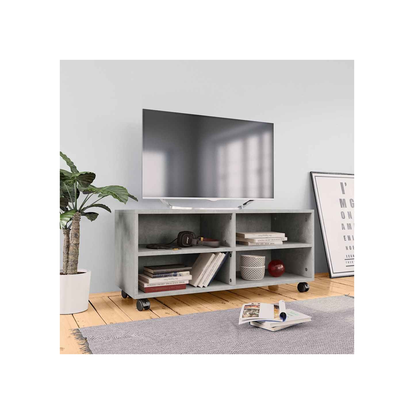 Meuble TV avec roulettes Gris béton 90x35x35 cm Bois ingénierie