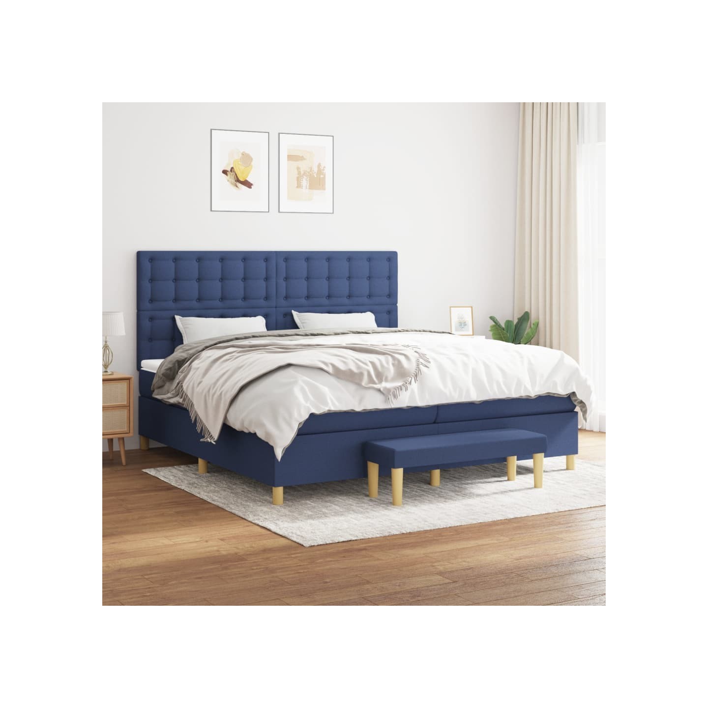 Sommier à lattes de lit avec matelas Bleu 200x200 cm Tissu