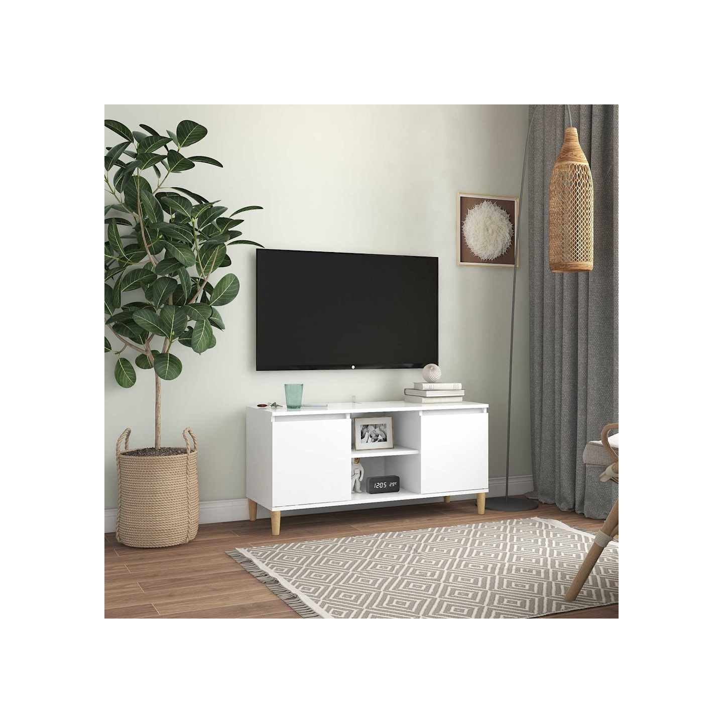 Meuble TV avec pieds en bois massif Blanc 103,5x35x50 cm