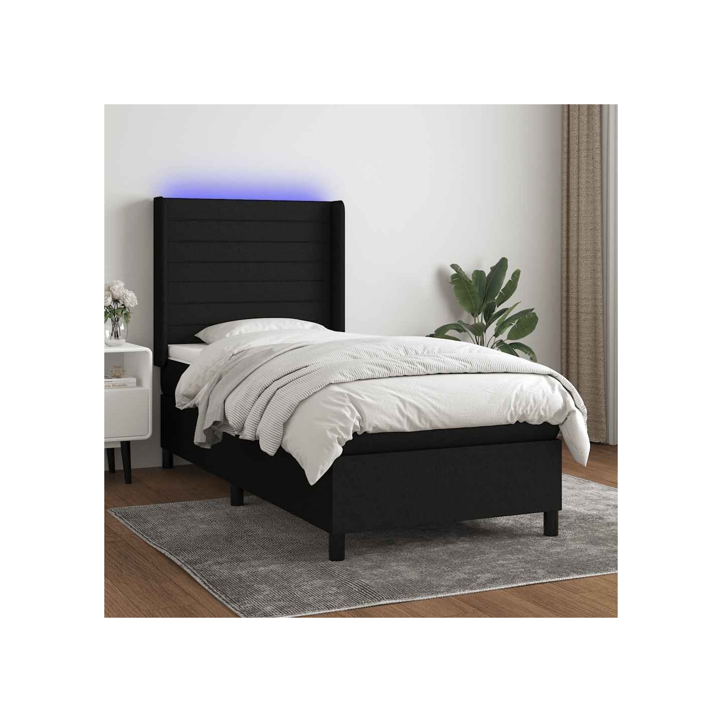 Sommier à lattes de lit matelas et LED Noir 90x190 cm Tissu