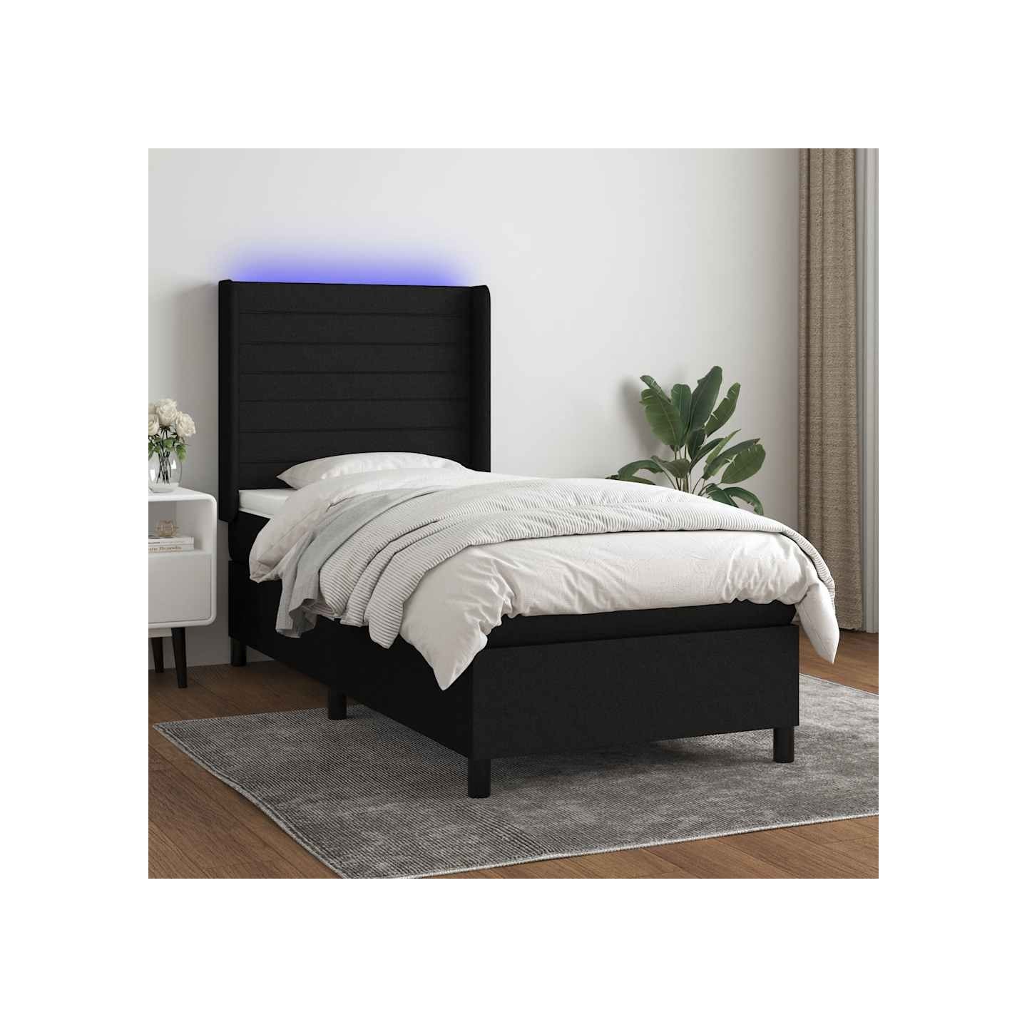 Sommier à lattes de lit matelas et LED Noir 100x200 cm Tissu