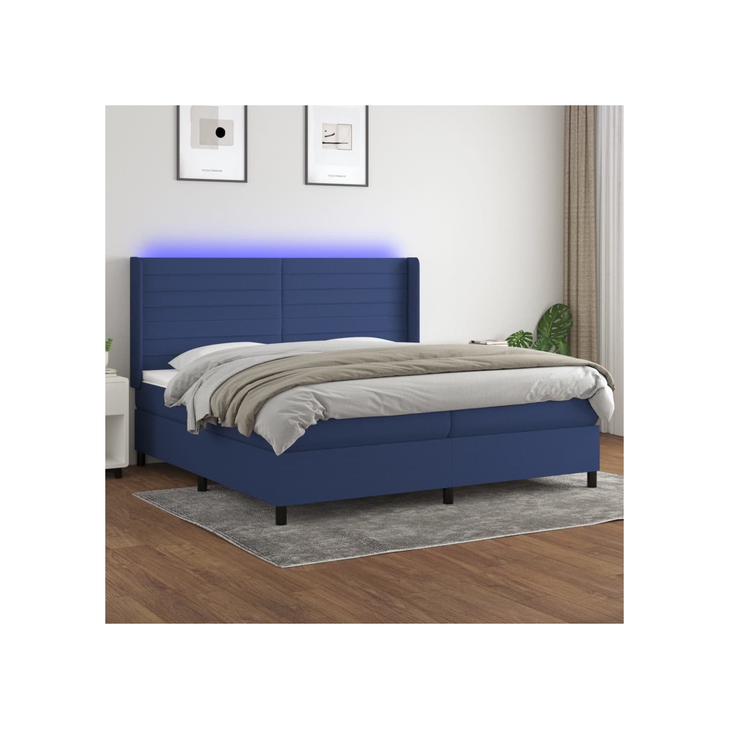 Sommier à lattes de lit matelas et LED Bleu 200x200 cm Tissu