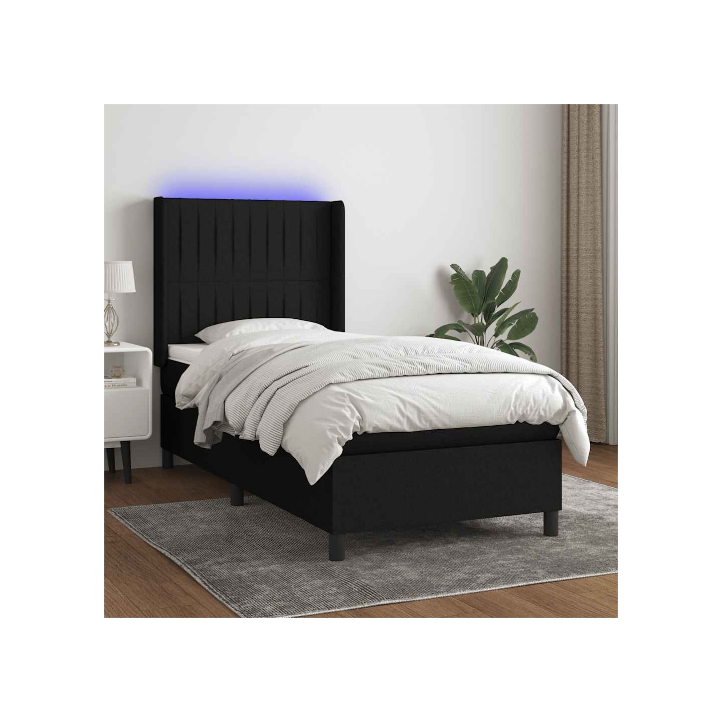Sommier à lattes de lit matelas et LED Noir 90x190 cm Tissu