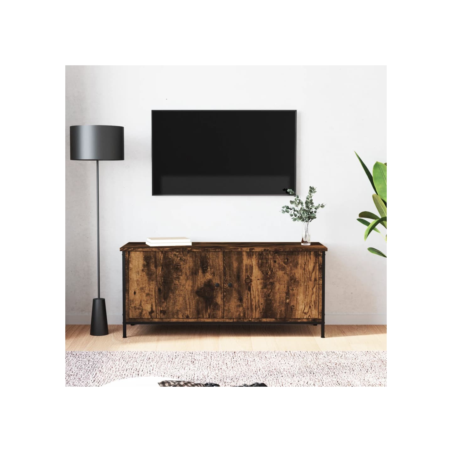 Meuble TV avec portes chêne fumé 102x35x45 cm bois d'ingénierie
