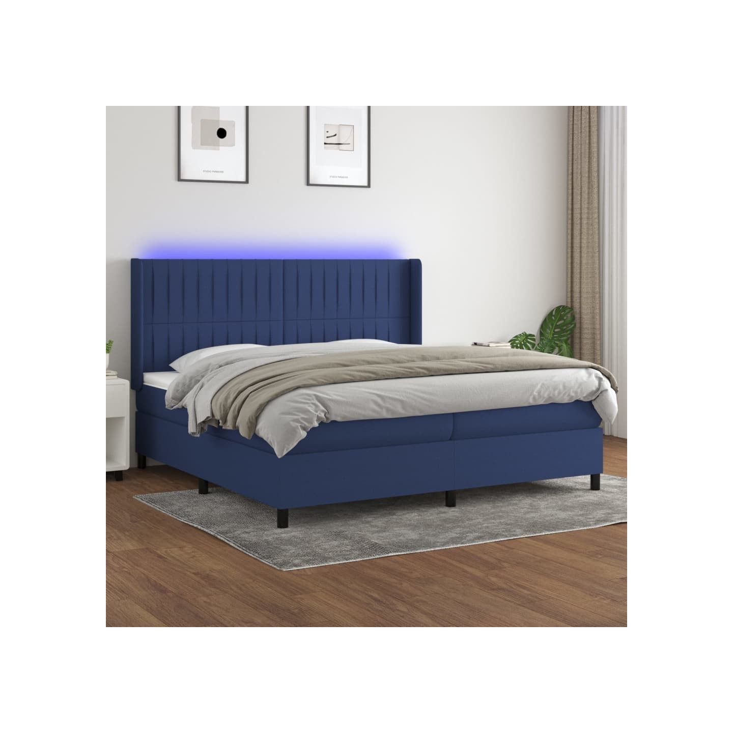 Sommier à lattes de lit matelas et LED Bleu 200x200 cm Tissu