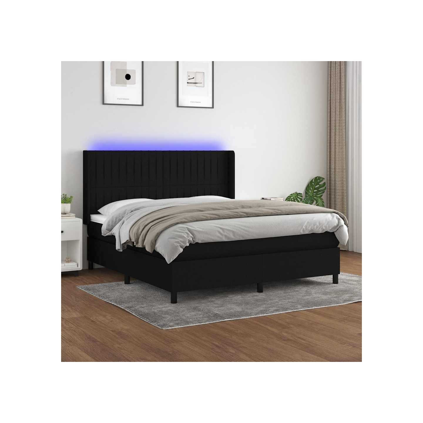 Sommier à lattes de lit matelas et LED Noir 180x200 cm Tissu