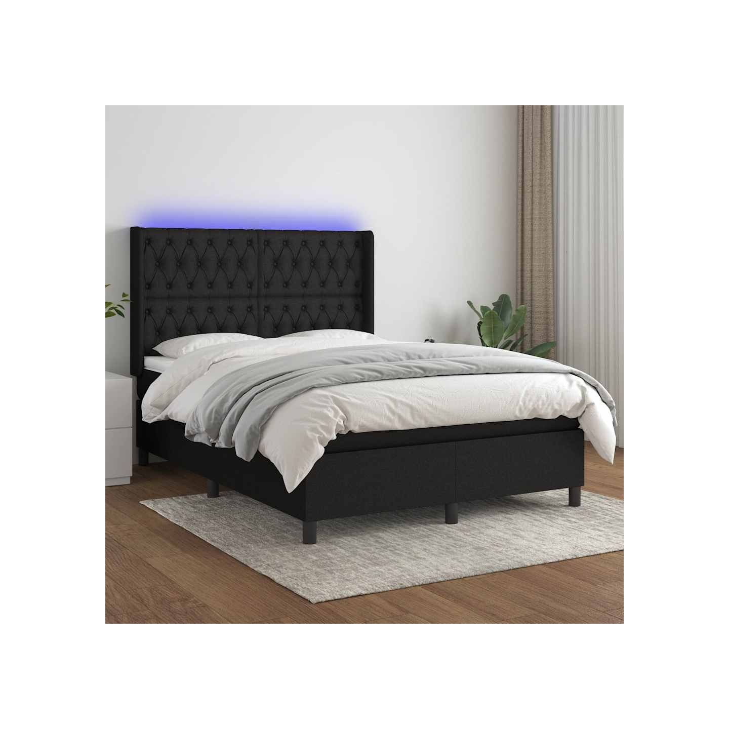 Sommier à lattes de lit matelas et LED Noir 140x200 cm Tissu
