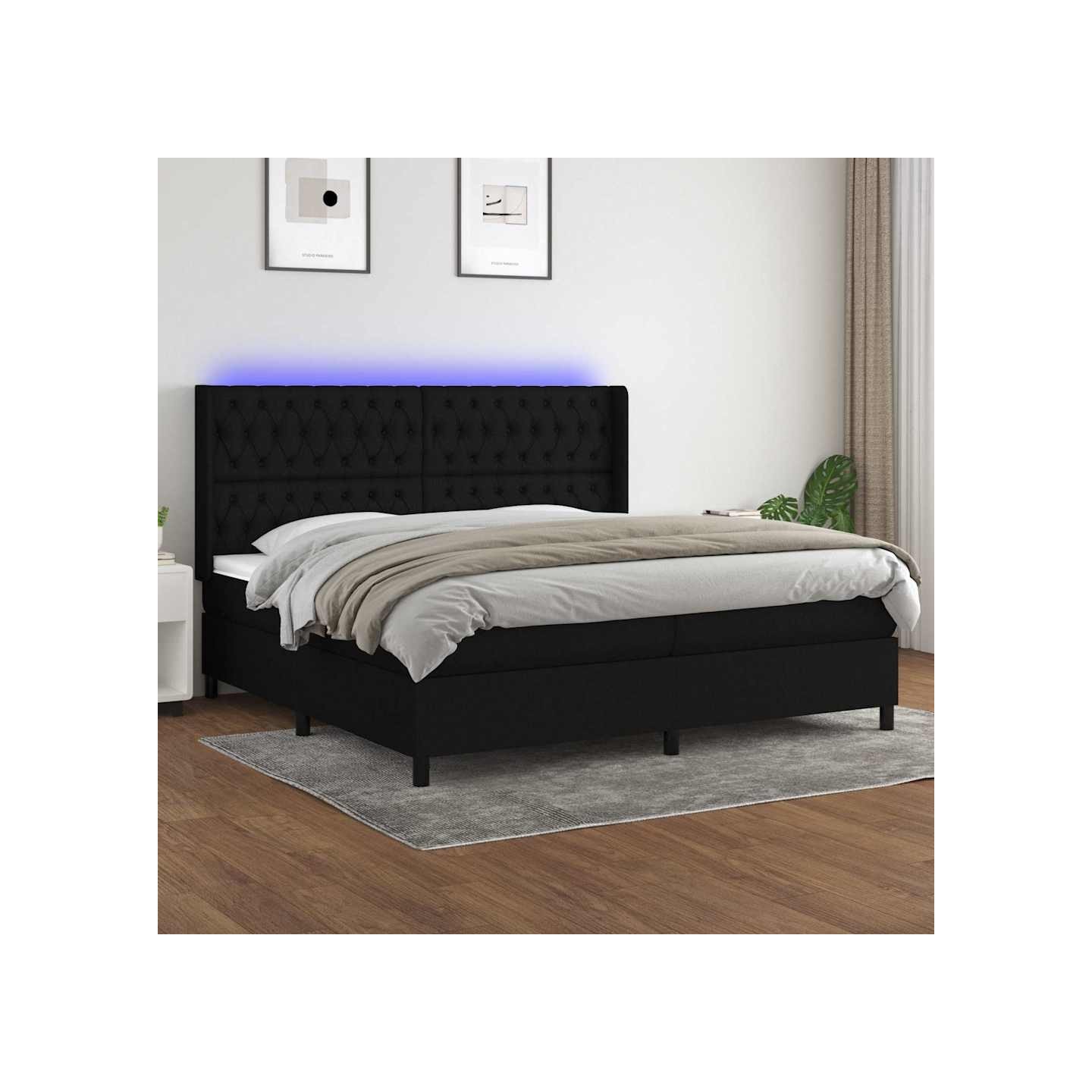 Sommier à lattes de lit matelas et LED Noir 200x200 cm Tissu