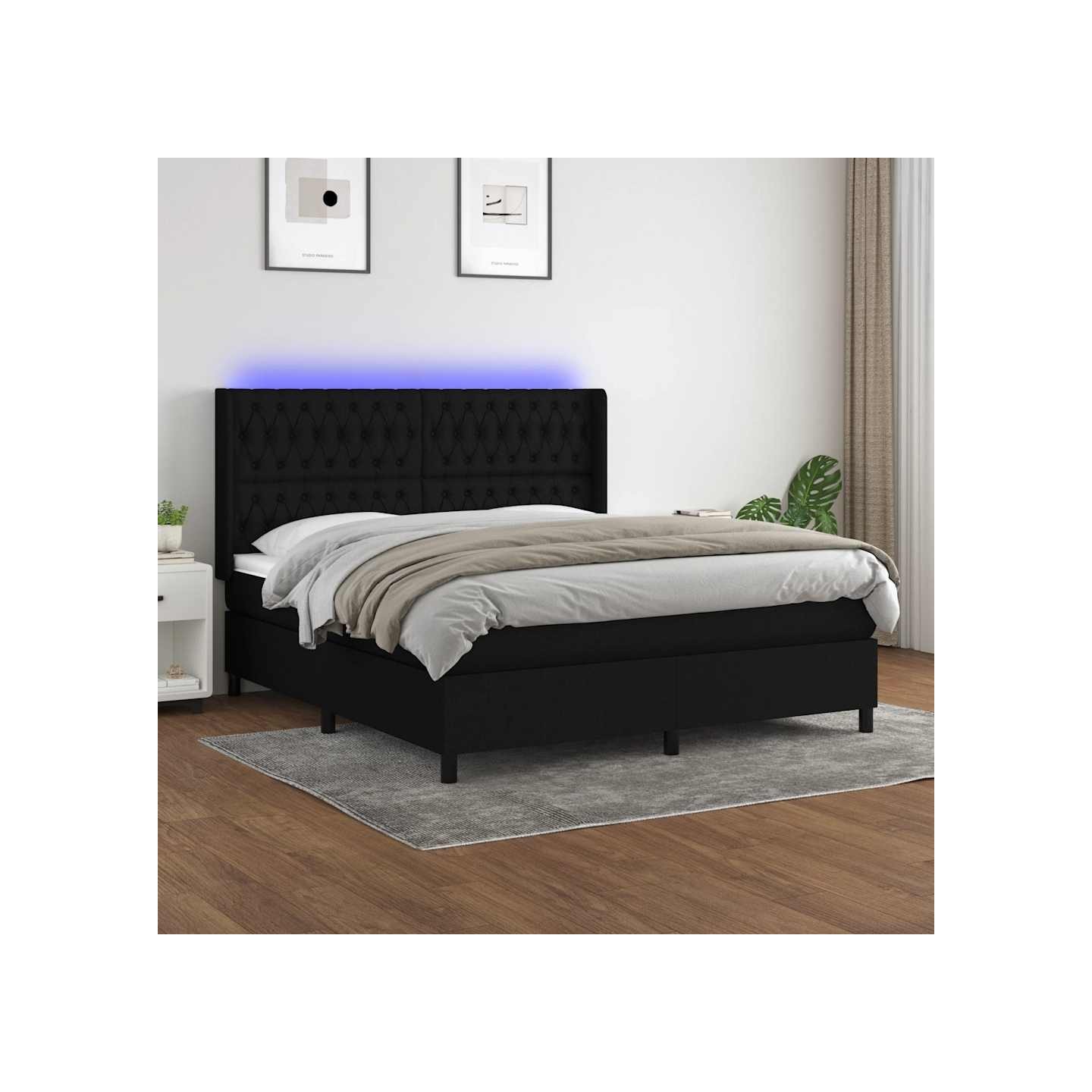 Sommier à lattes de lit matelas et LED Noir 180x200 cm Tissu