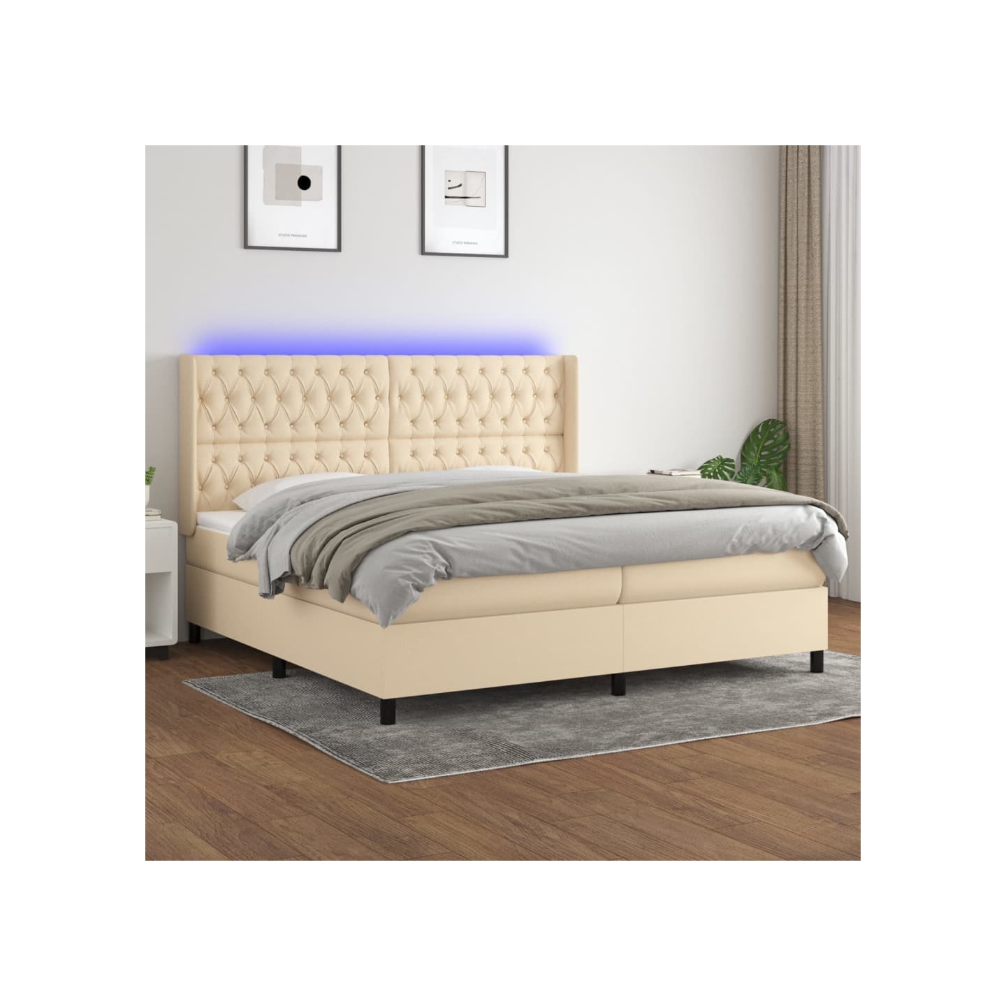 Sommier à lattes de lit matelas et LED Crème 200x200 cm Tissu
