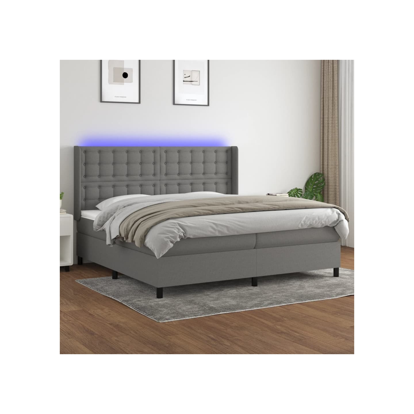 Sommier à lattes de lit matelas LED Gris foncé 200x200 cm Tissu