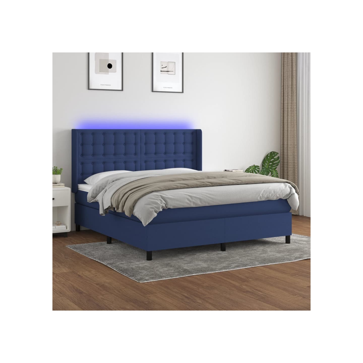 Sommier à lattes de lit matelas et LED Bleu 160x200 cm Tissu