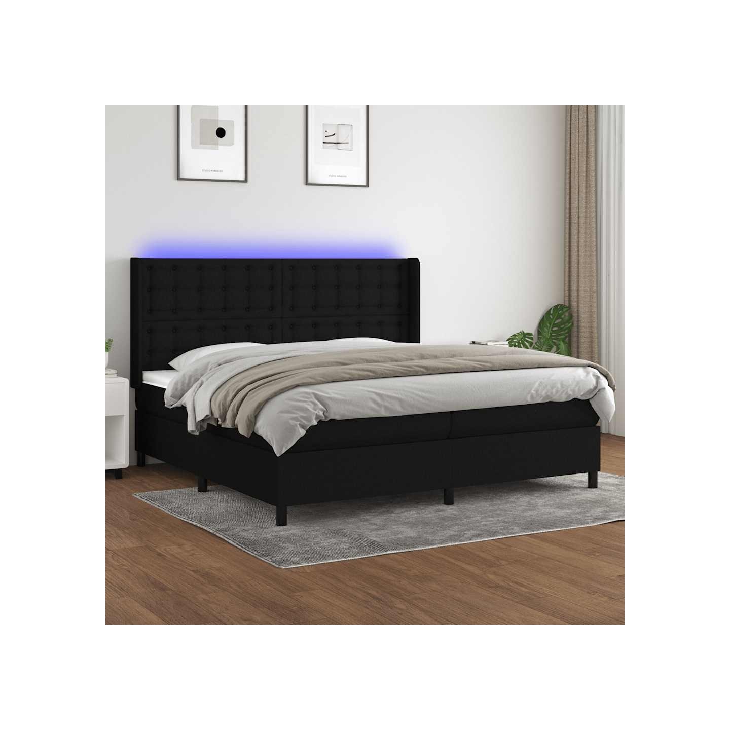 Sommier à lattes de lit matelas et LED Noir 200x200 cm Tissu