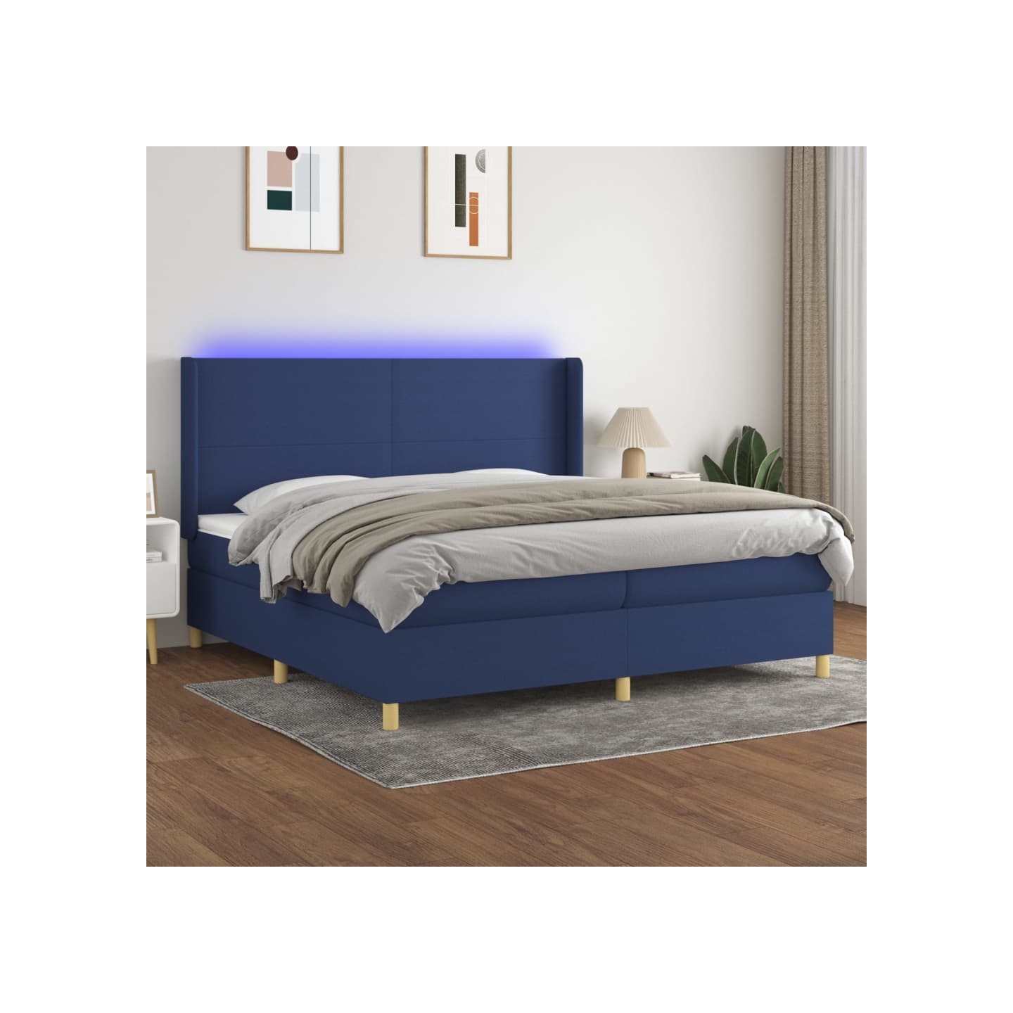 Sommier à lattes de lit matelas et LED Bleu 200x200 cm Tissu