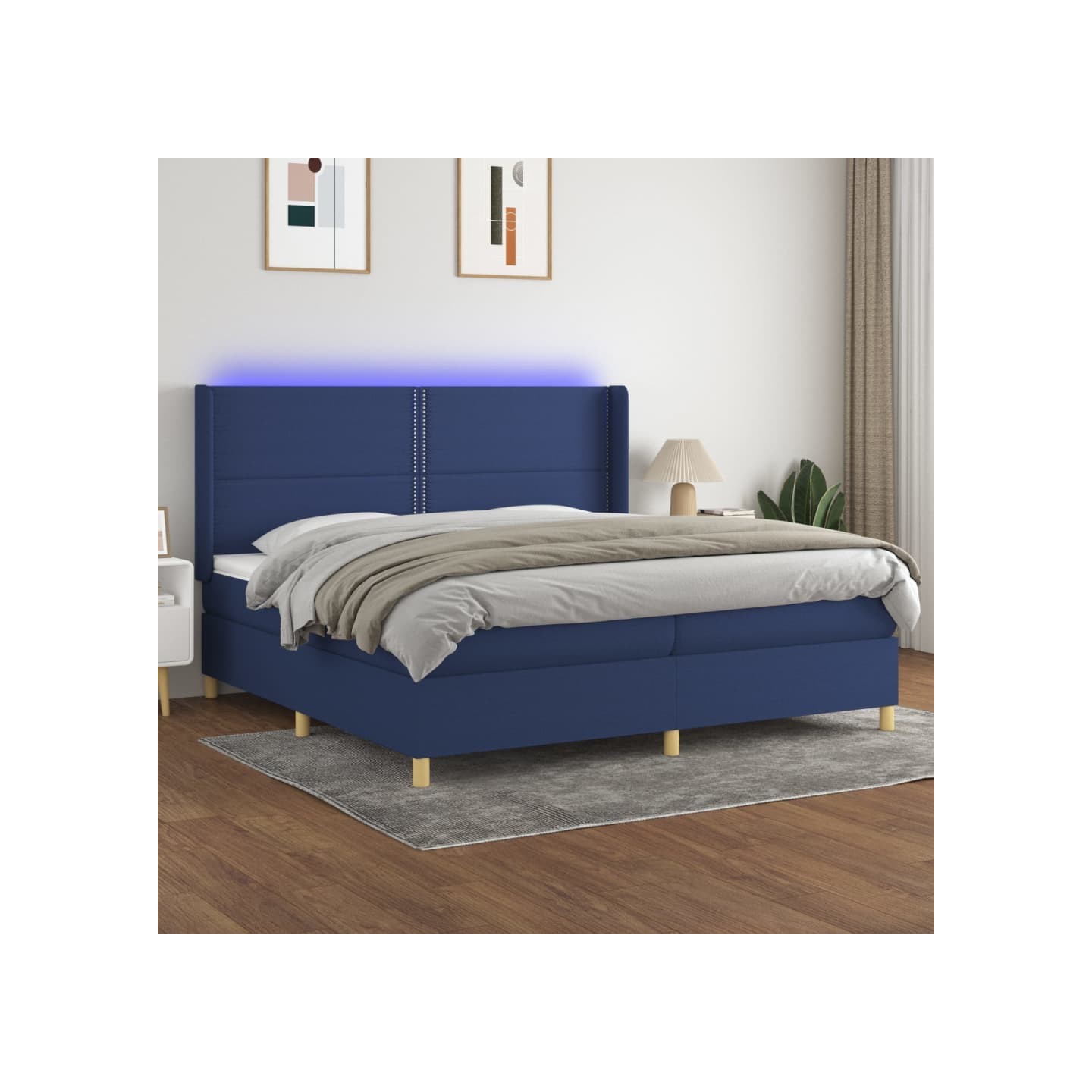 Sommier à lattes de lit matelas et LED Bleu 200x200 cm Tissu
