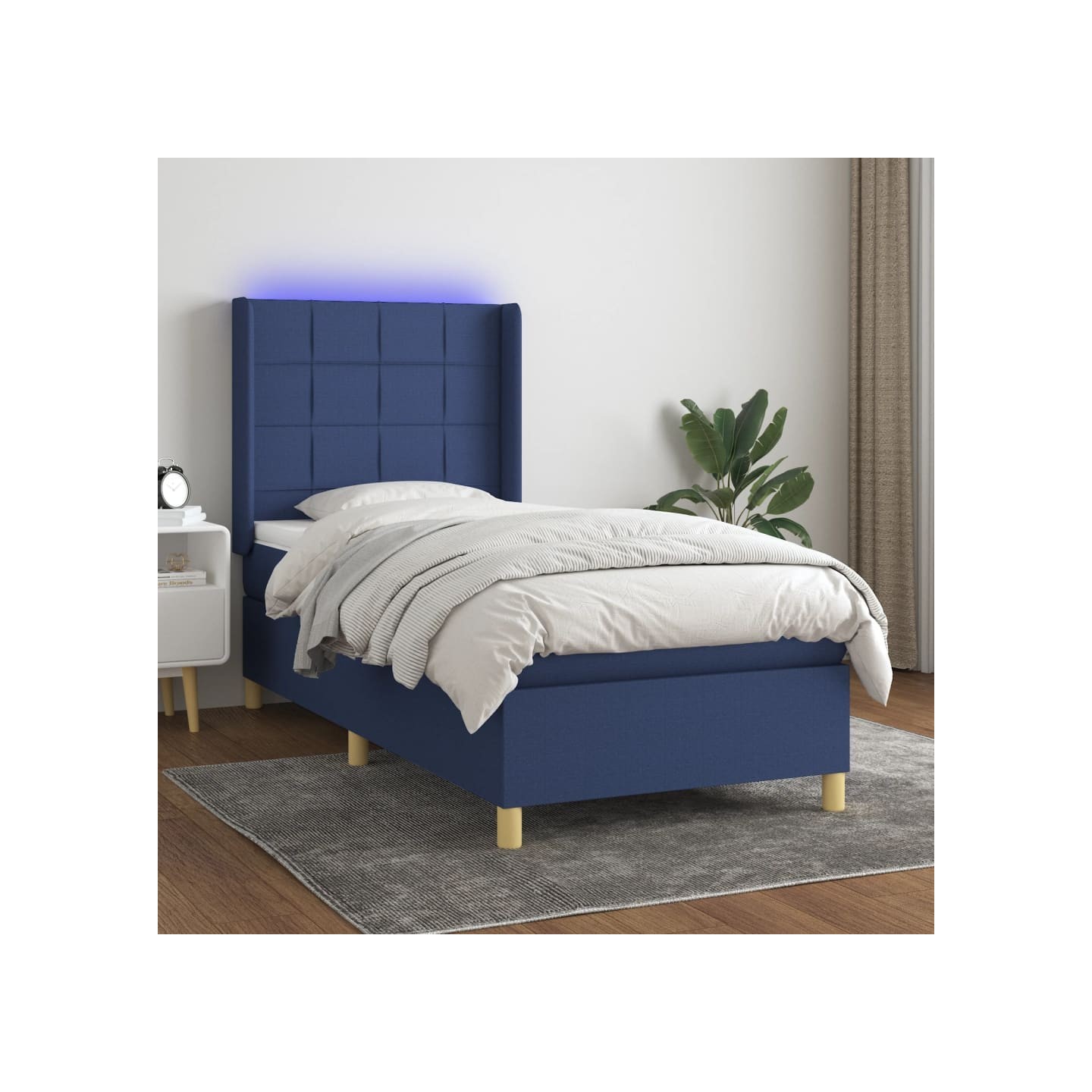 Sommier à lattes de lit matelas et LED Bleu 90x190 cm Tissu