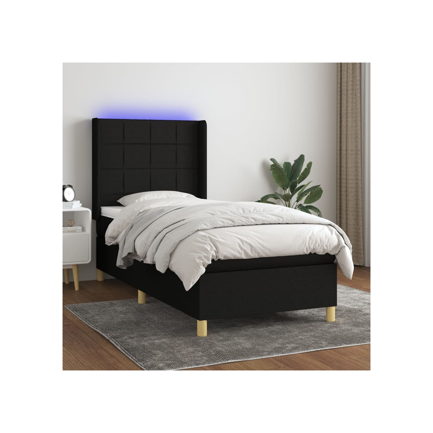 Sommier à lattes de lit matelas et LED Noir 100x200 cm Tissu