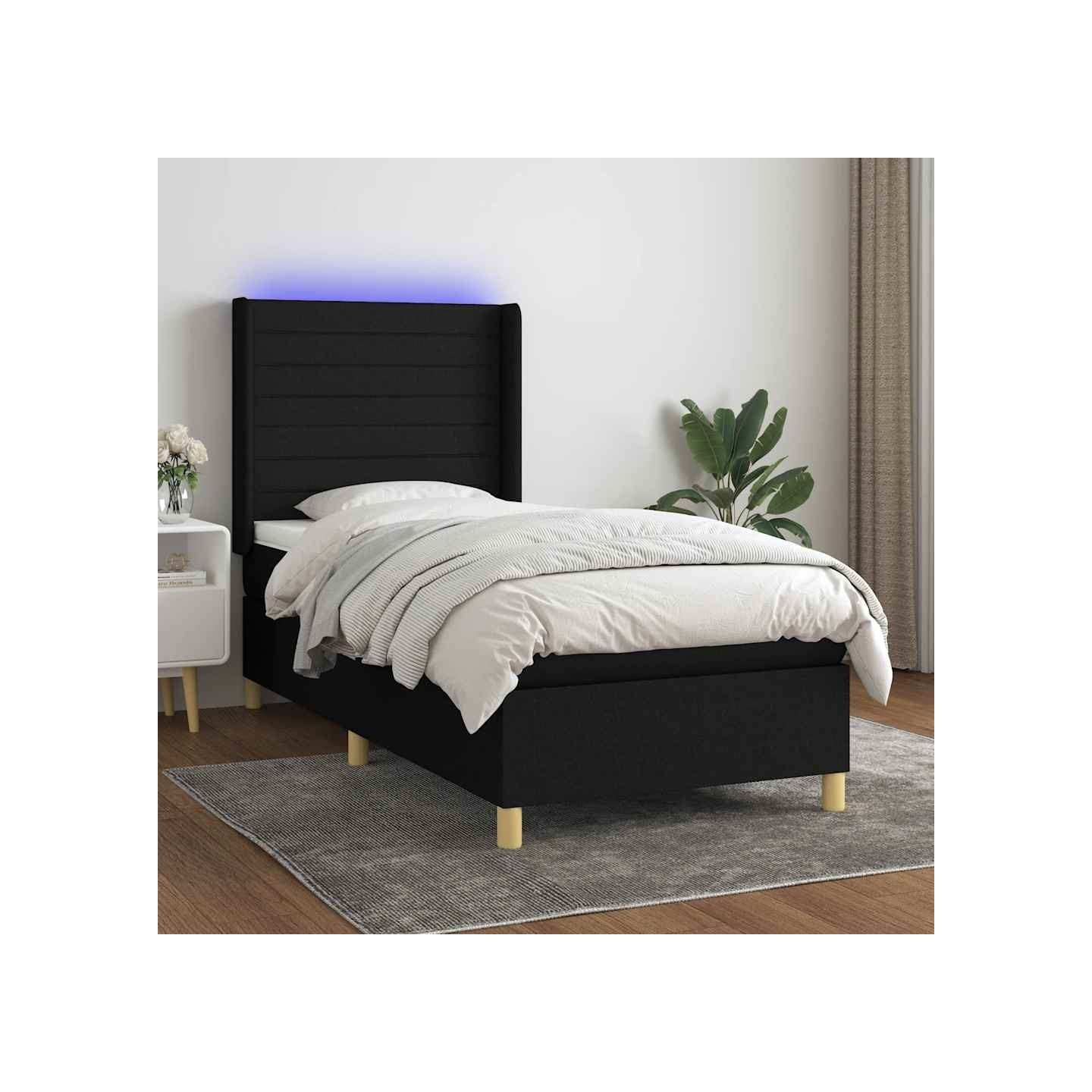 Sommier à lattes de lit matelas et LED Noir 100x200 cm Tissu