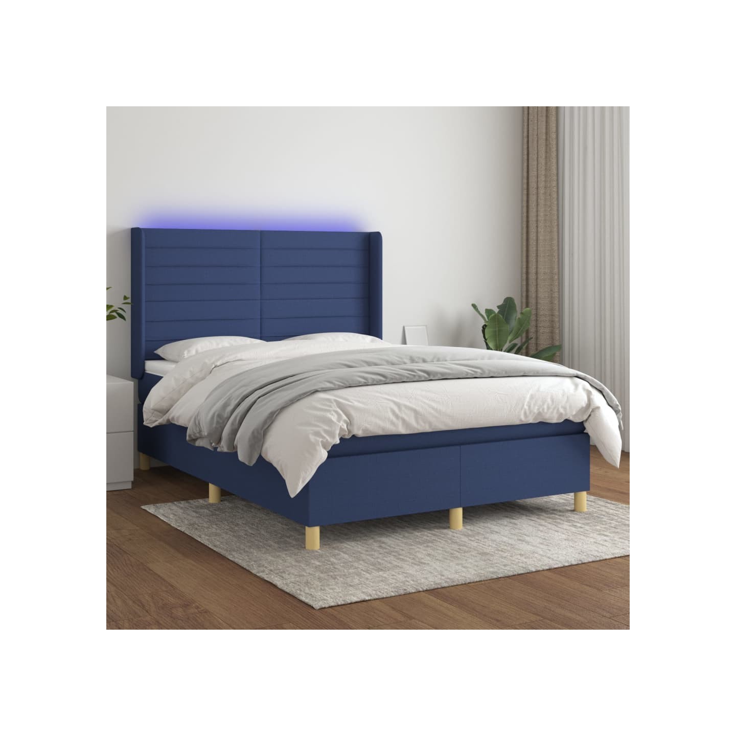 Sommier à lattes de lit matelas et LED Bleu 140x200 cm Tissu