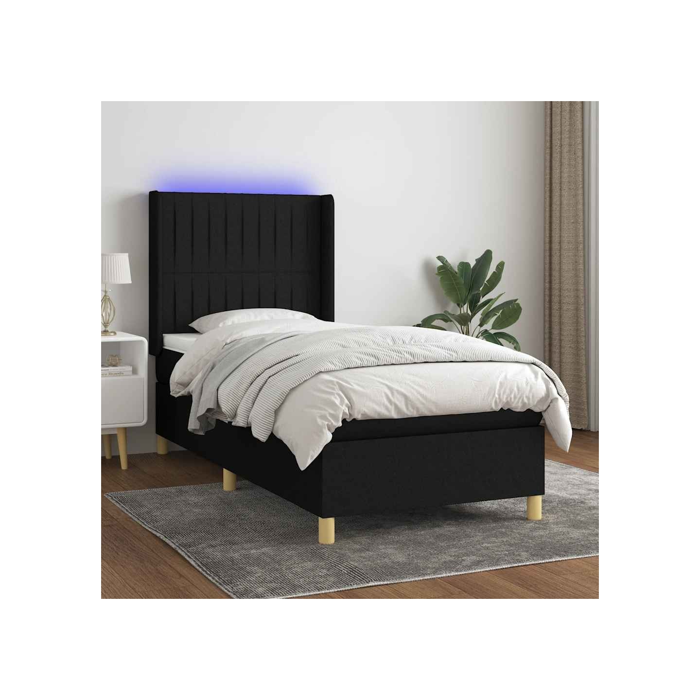 Sommier à lattes de lit matelas et LED Noir 100x200 cm Tissu