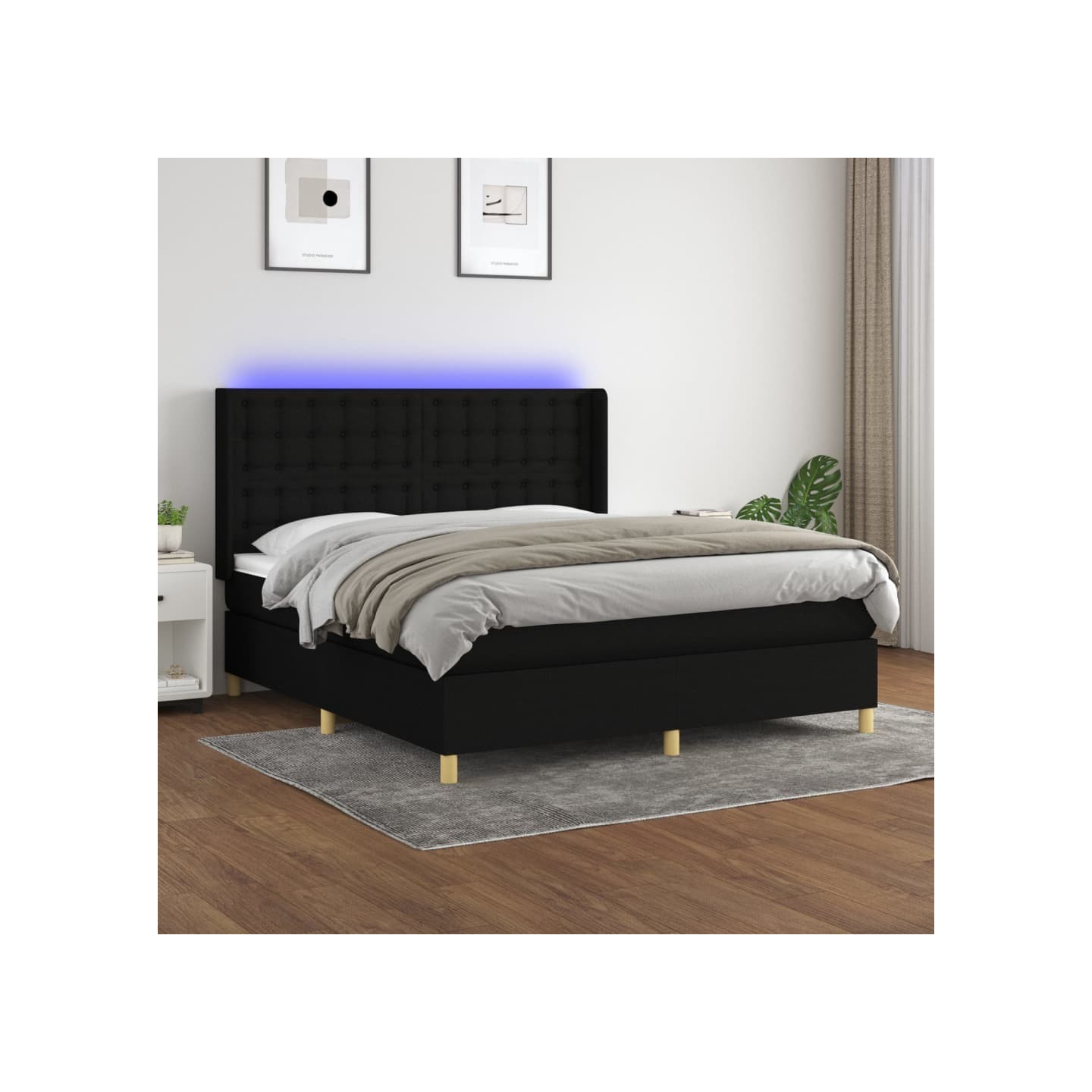 Sommier à lattes de lit matelas et LED Noir 160x200 cm Tissu