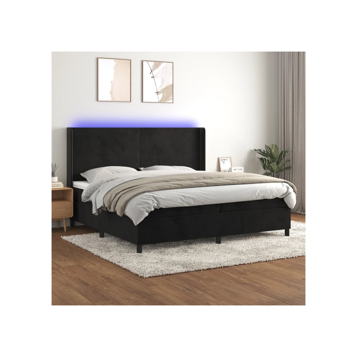 Sommier à lattes de lit matelas et LED Noir 200x200 cm Velours