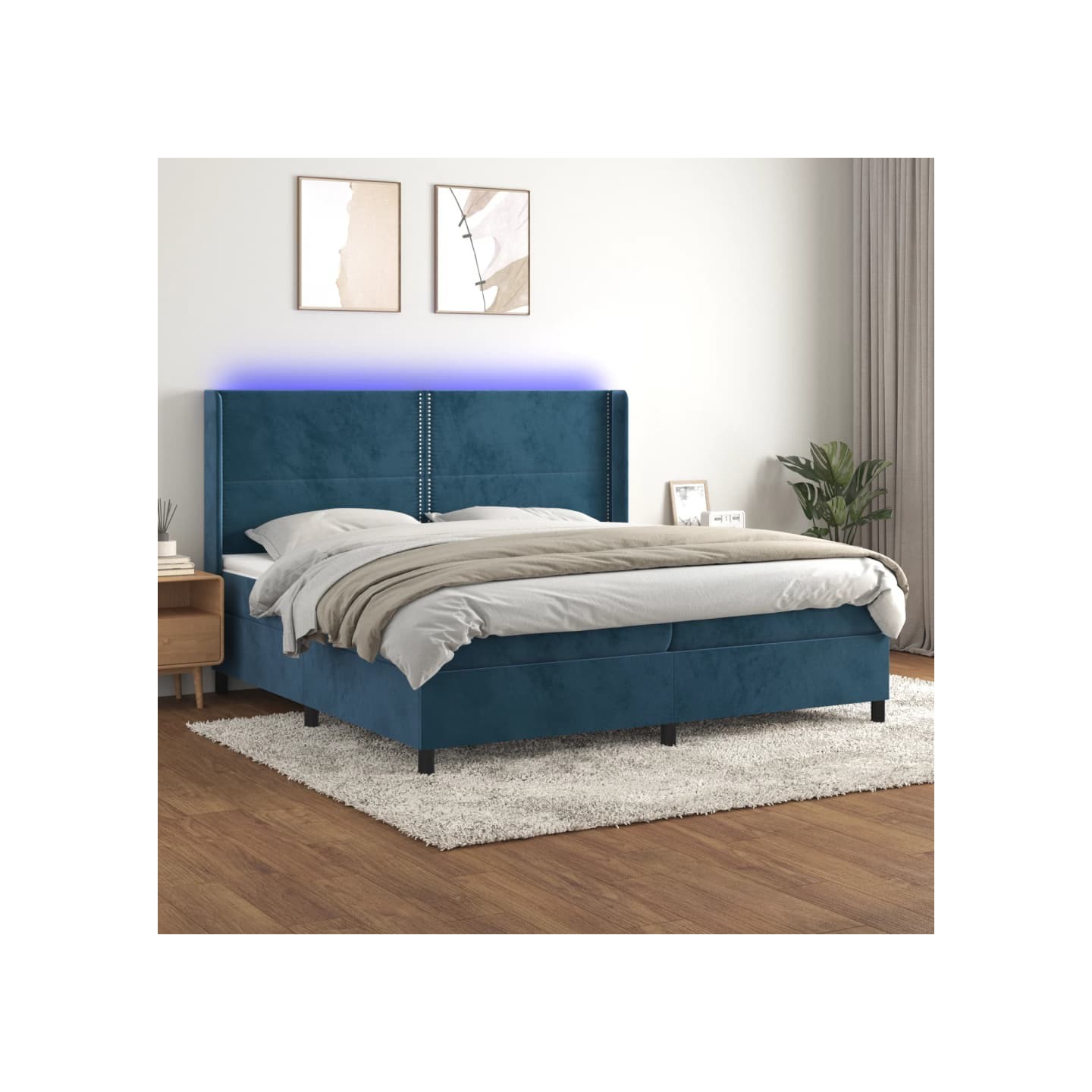 Sommier à lattes de lit matelas et LED Bleu foncé 200x200 cm