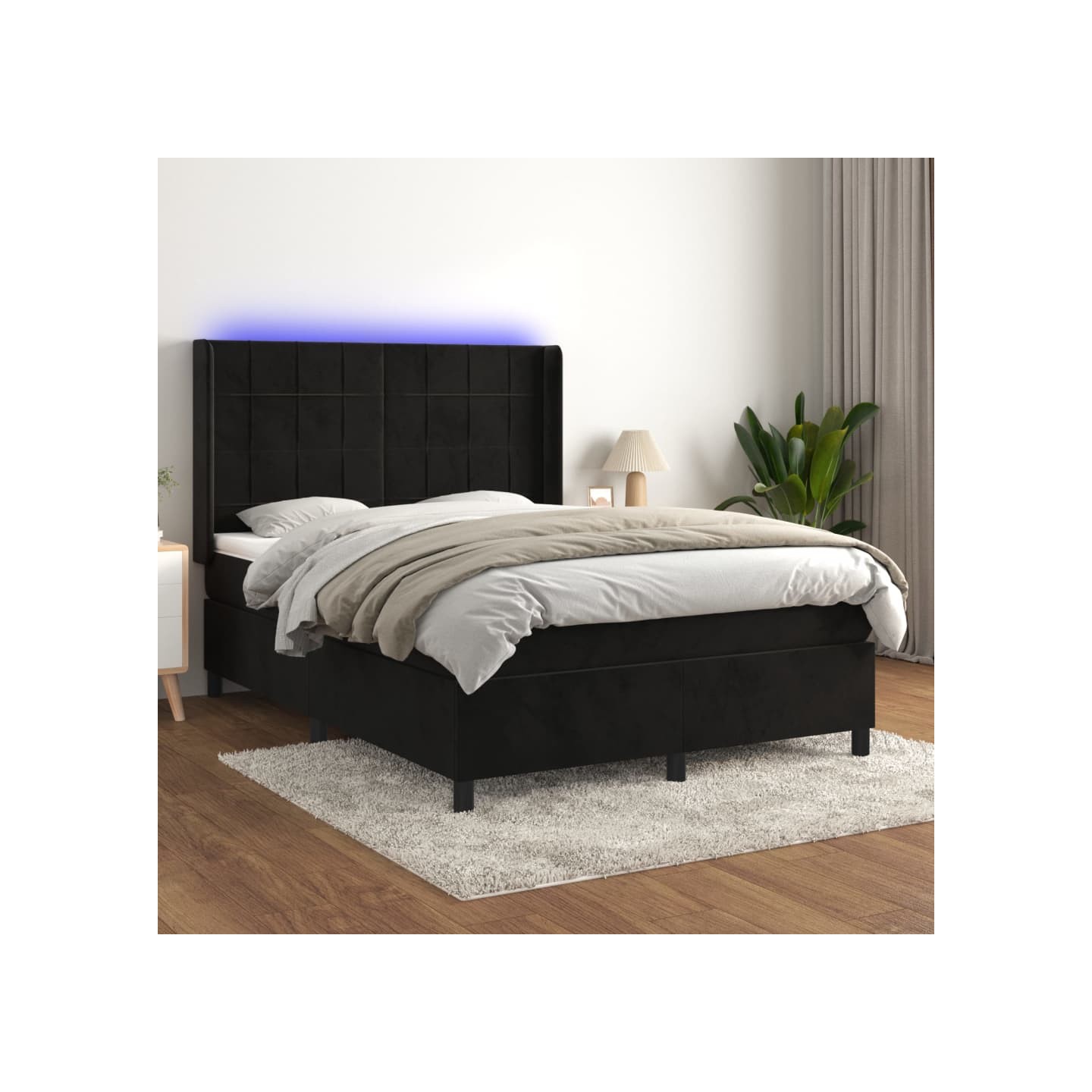Sommier à lattes de lit matelas et LED Noir 140x190 cm Velours