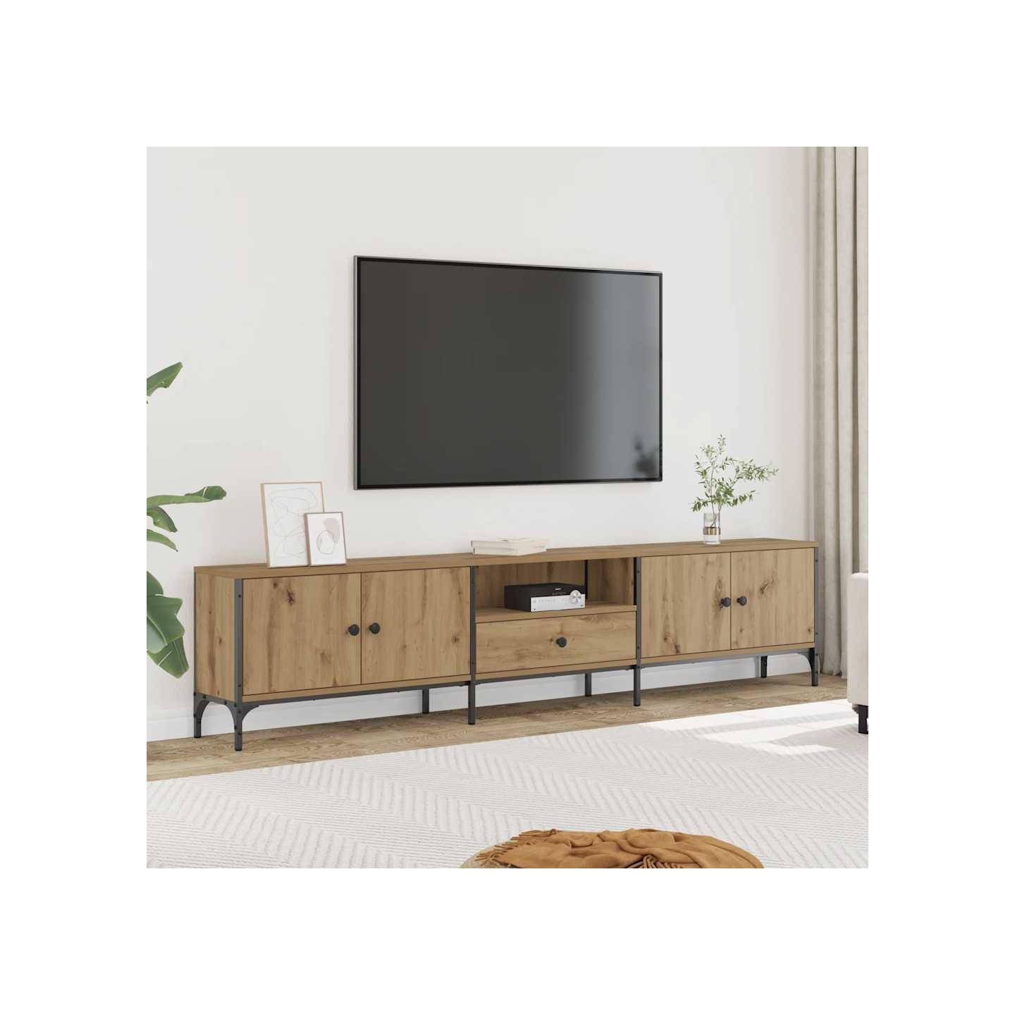 Meuble TV à tiroir chêne artisanal 200x25x44 cm bois ingénierie