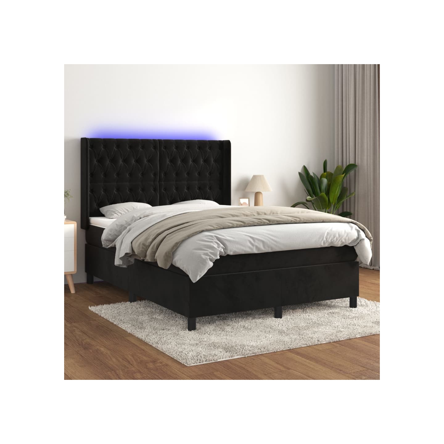 Sommier à lattes de lit matelas et LED Noir 140x190 cm Velours