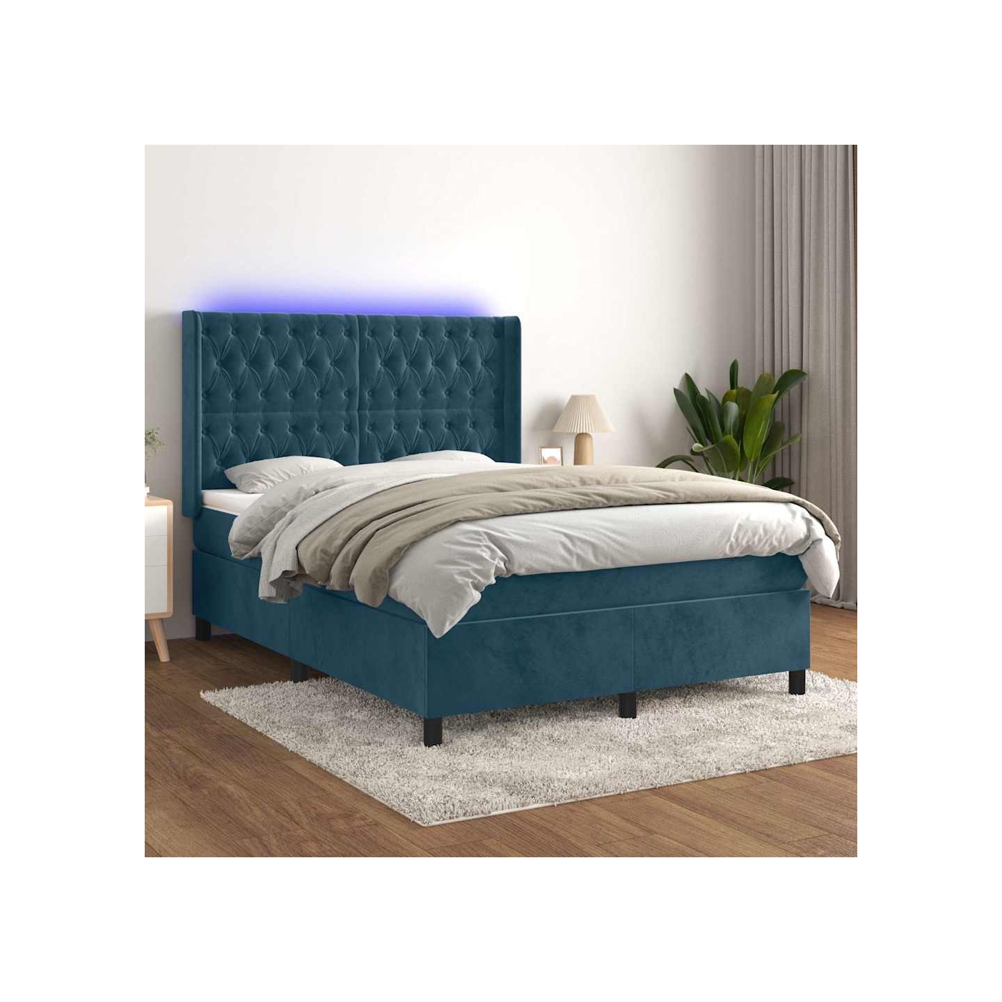 Sommier à lattes de lit matelas et LED Bleu foncé 140x190 cm