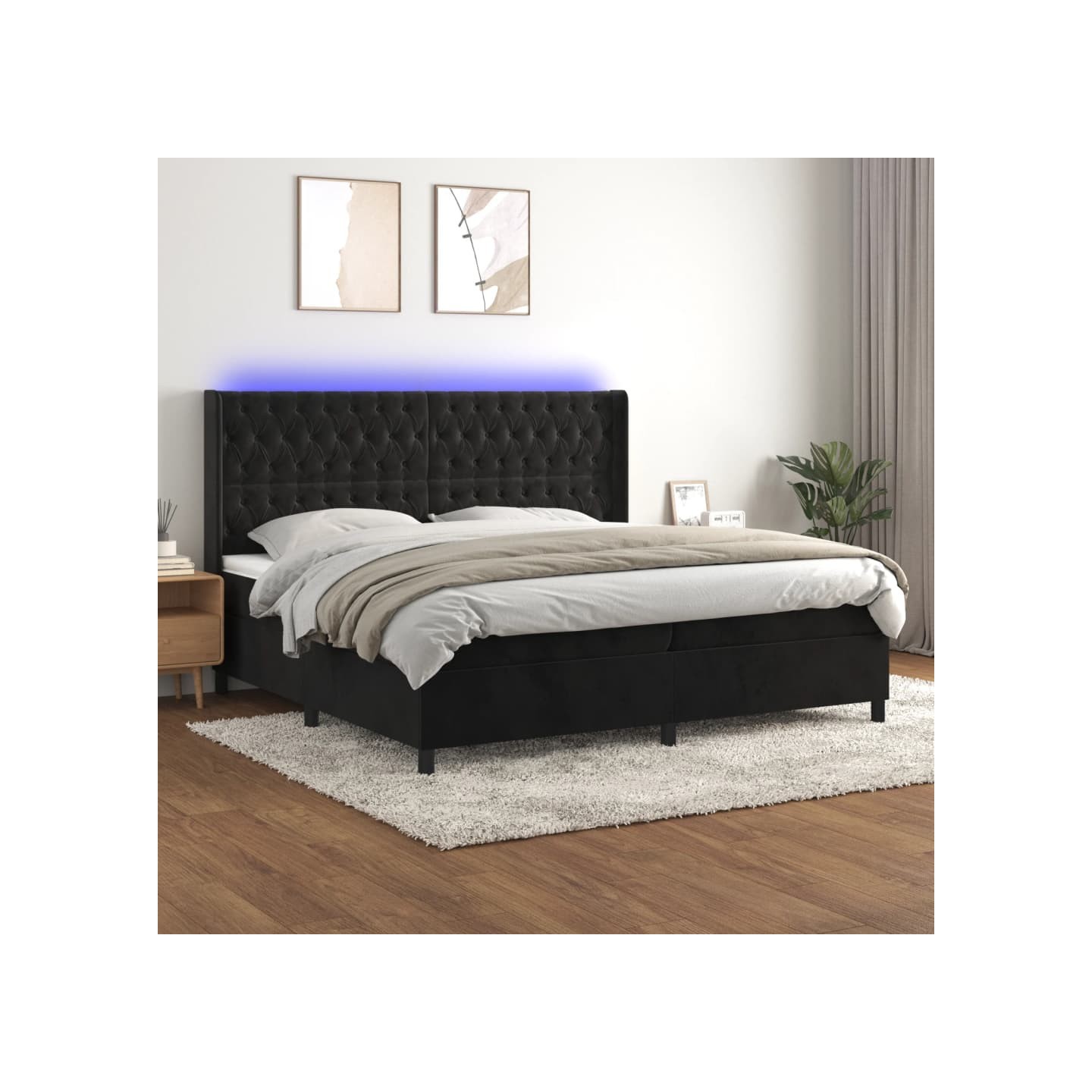 Sommier à lattes de lit matelas et LED Noir 200x200 cm Velours