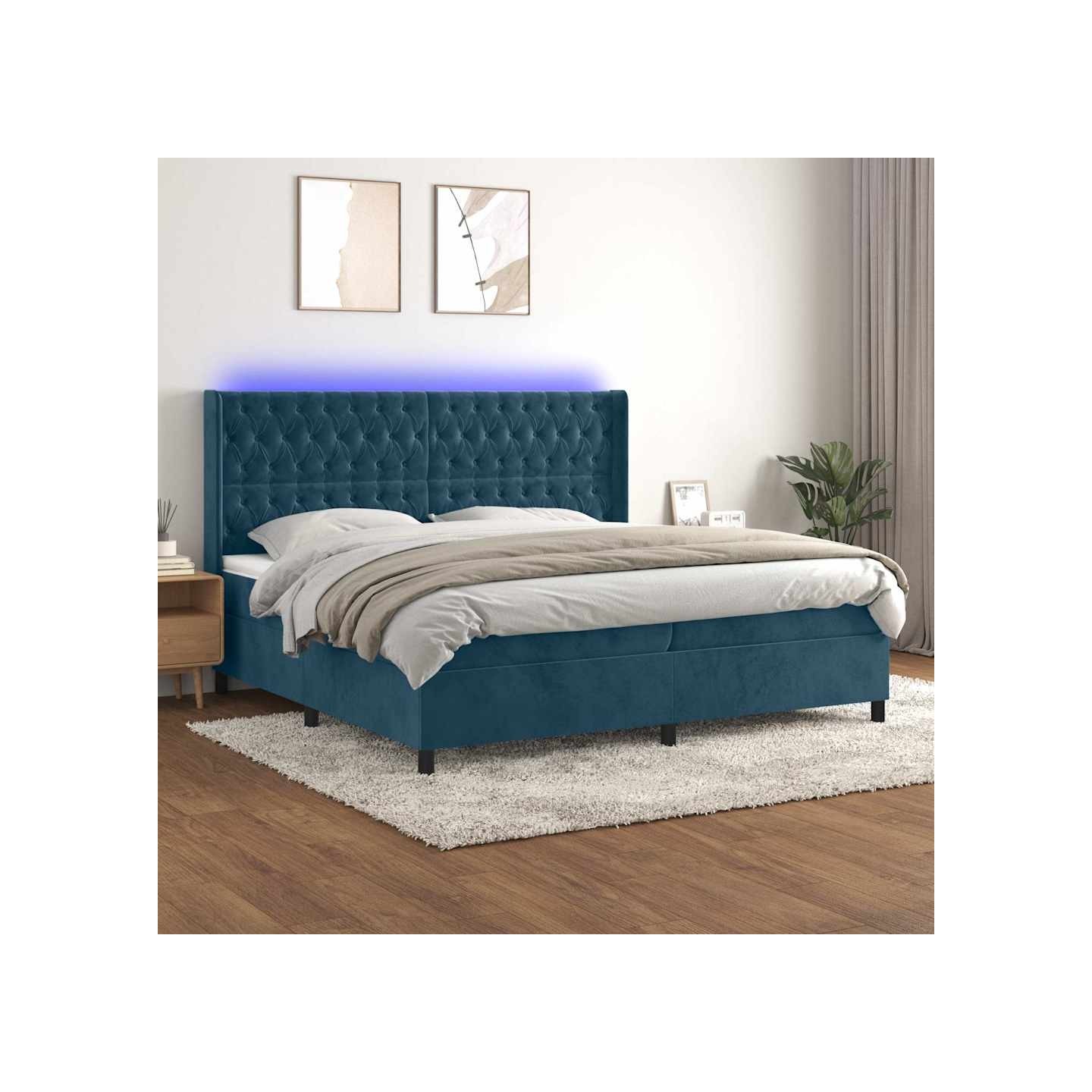 Sommier à lattes de lit matelas et LED Bleu foncé 200x200 cm