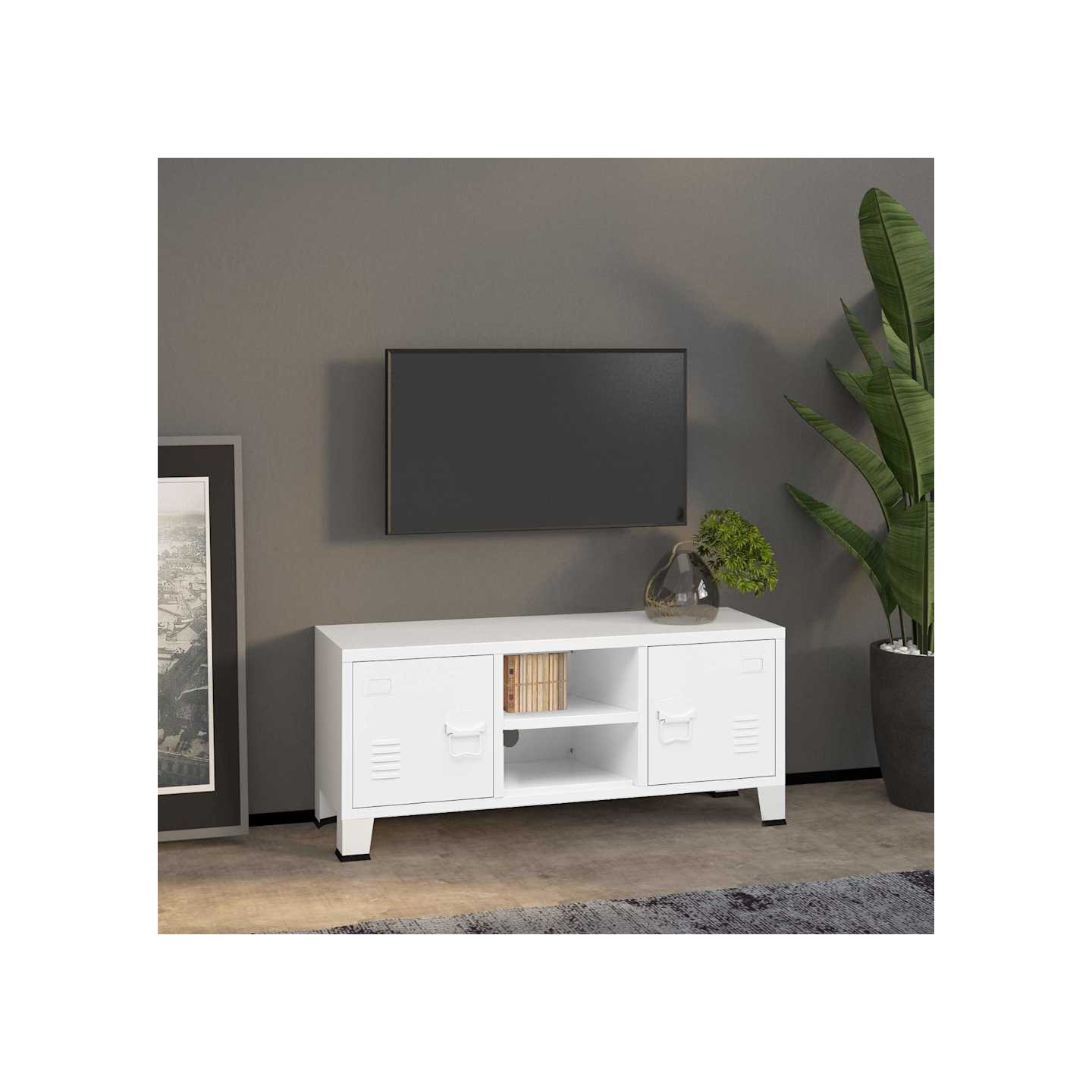 Meuble TV industriel Blanc 105x35x42 cm Métal