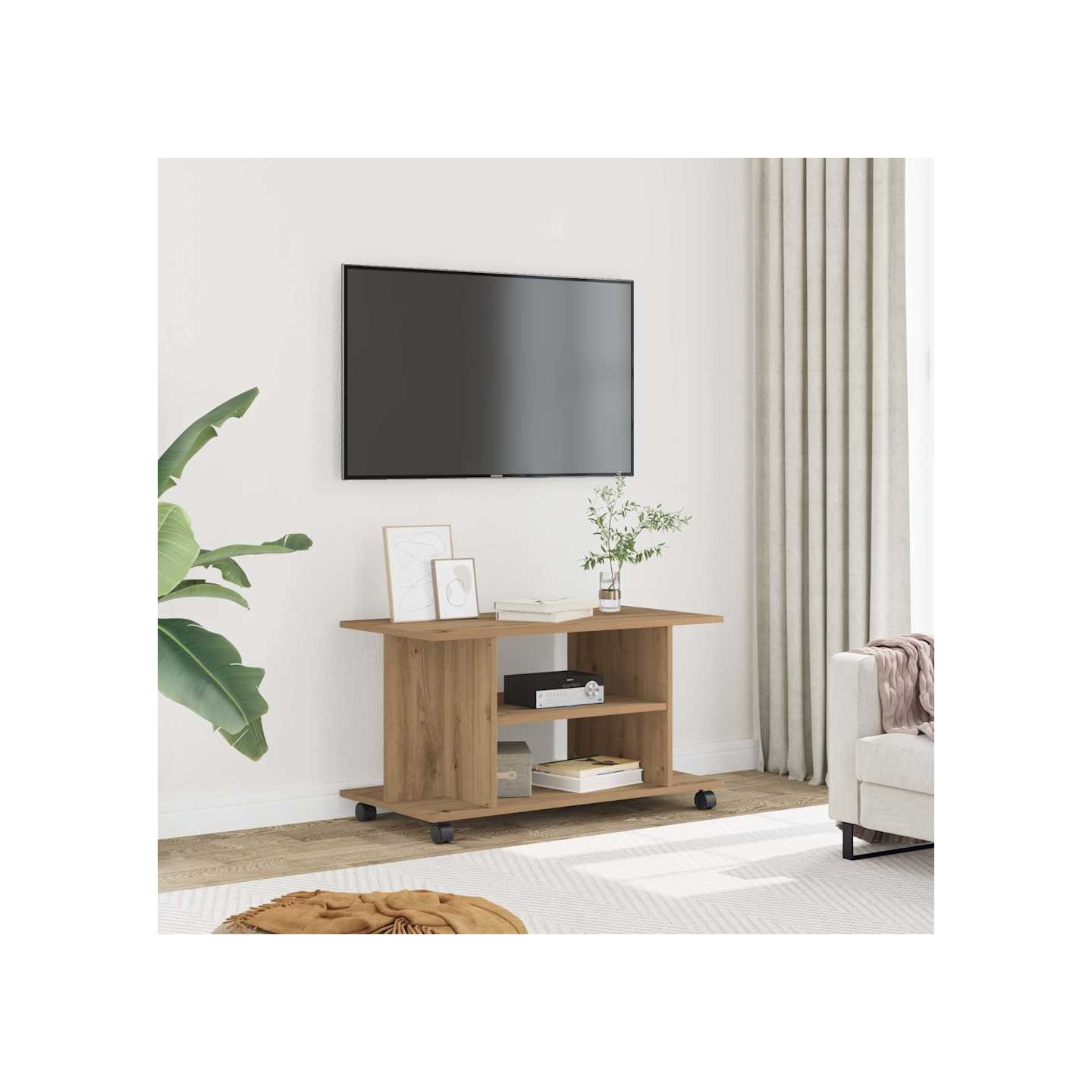 Meuble TV roulettes chêne artisanal 80x40x45 cm bois ingénierie