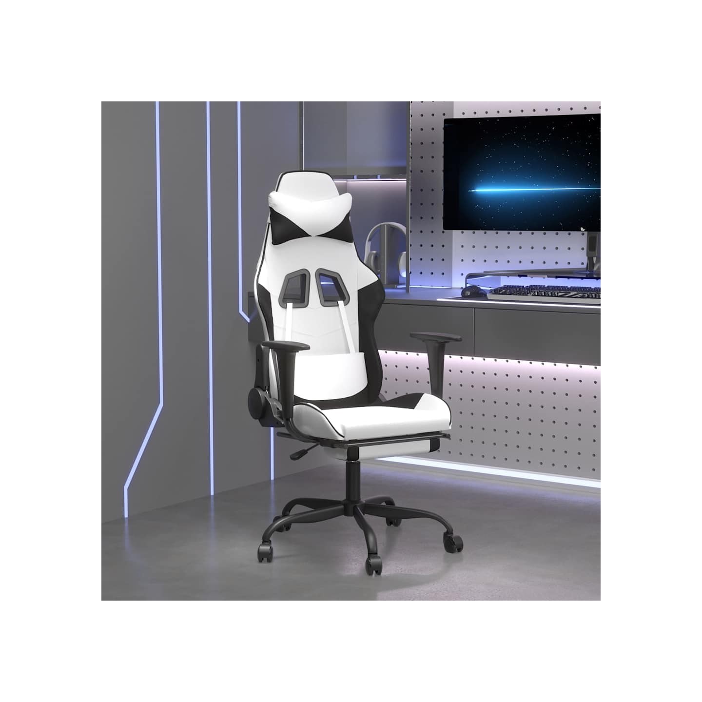 Chaise de jeu avec repose-pied Blanc et noir Similicuir